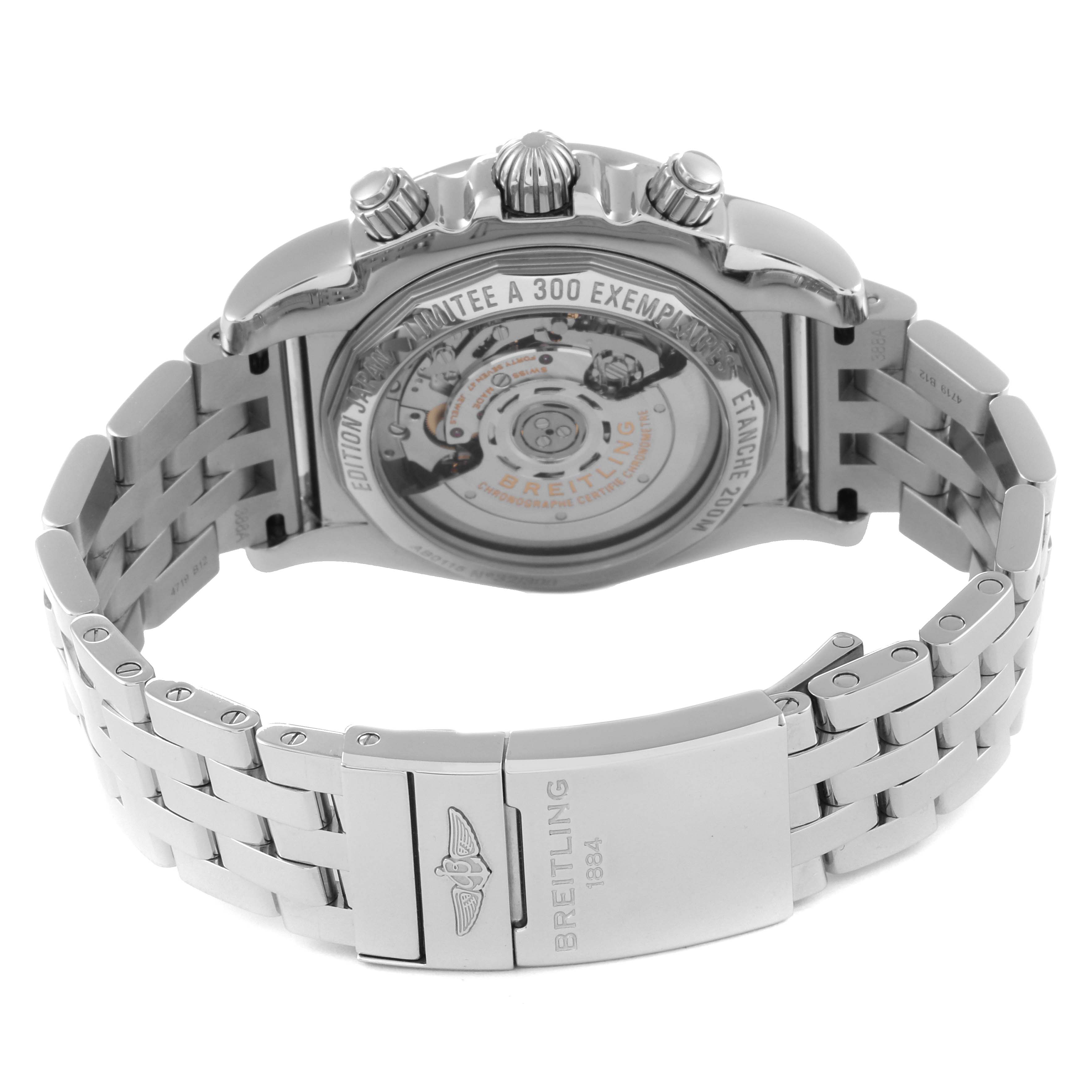 The image shows the back and bracelet of the Breitling Chronomat AB0115 Men's Stainless Steel Mother of Pearl Dial AB0115 Men's Stainless Steel Mother of Pearl Dial watch, displaying its transparent case back and metal band.