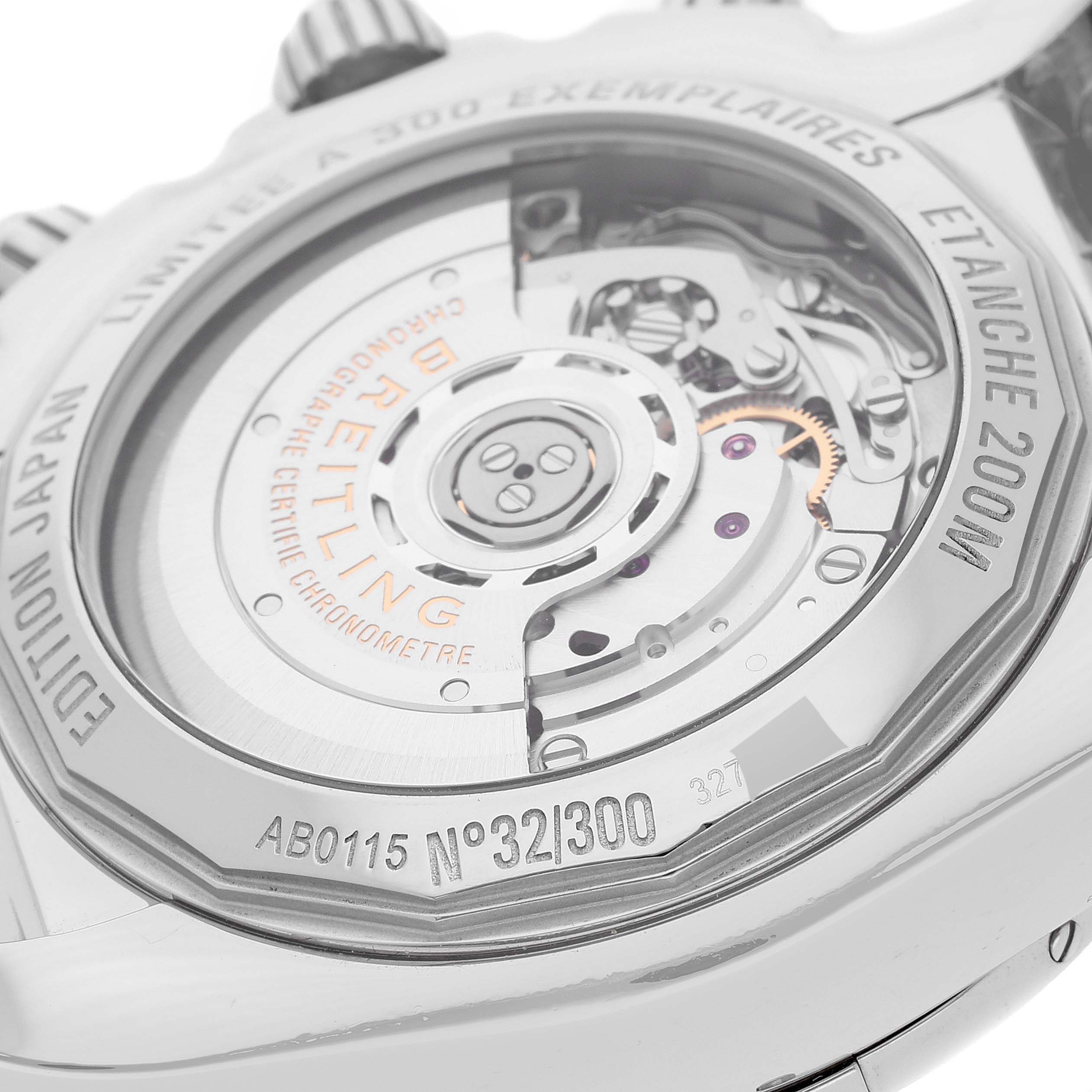 The image shows the back case of the Breitling Chronomat AB0115 Men's Stainless Steel Mother of Pearl Dial AB0115 Men's Stainless Steel Mother of Pearl Dial watch, highlighting the movement and limited edition details.