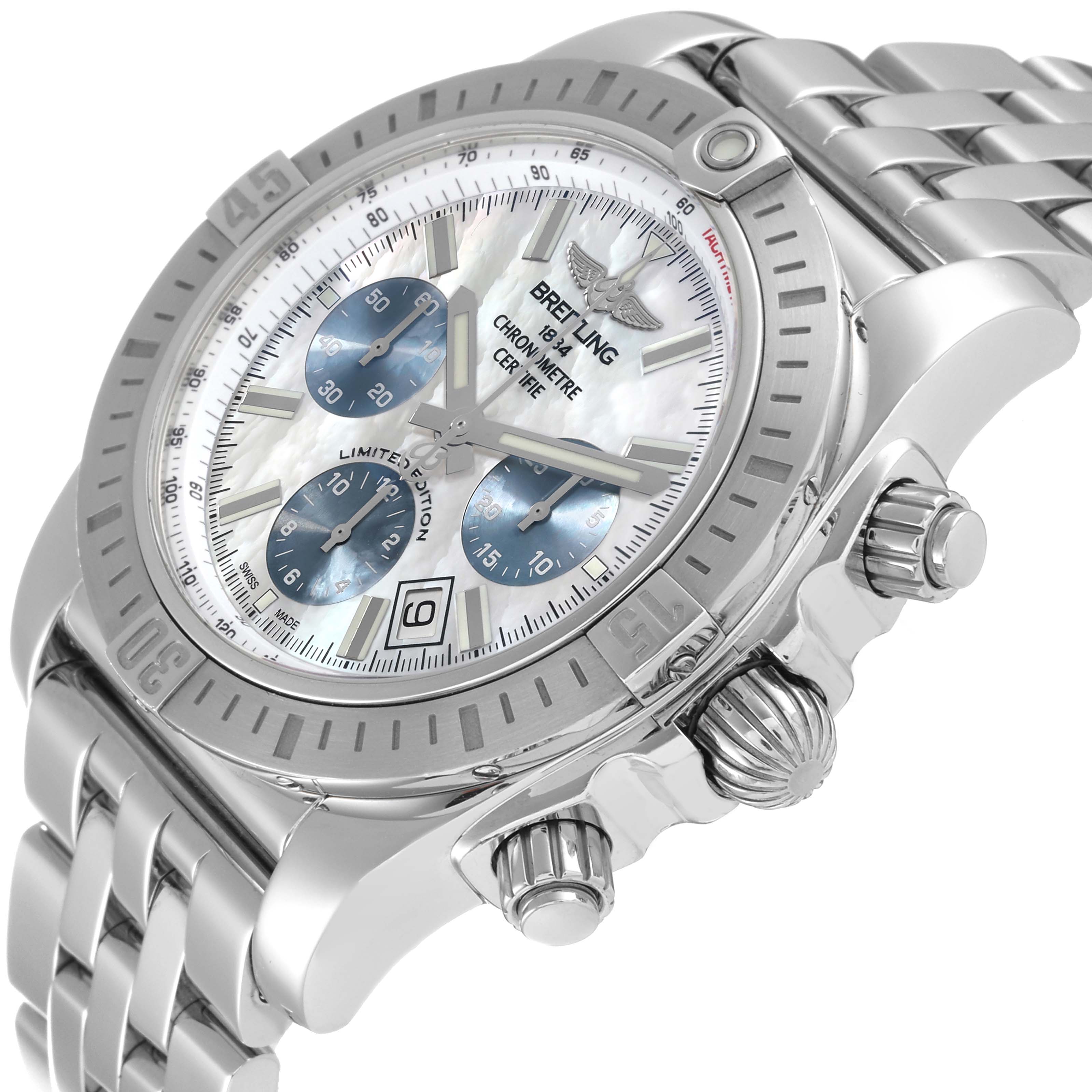 The Breitling Chronomat AB0115 Men's Stainless Steel Mother of Pearl Dial AB0115 Men's Stainless Steel Mother of Pearl Dial watch is shown at a three-quarter angle, highlighting the bezel, dial, three sub-dials, and stainless steel bracelet.