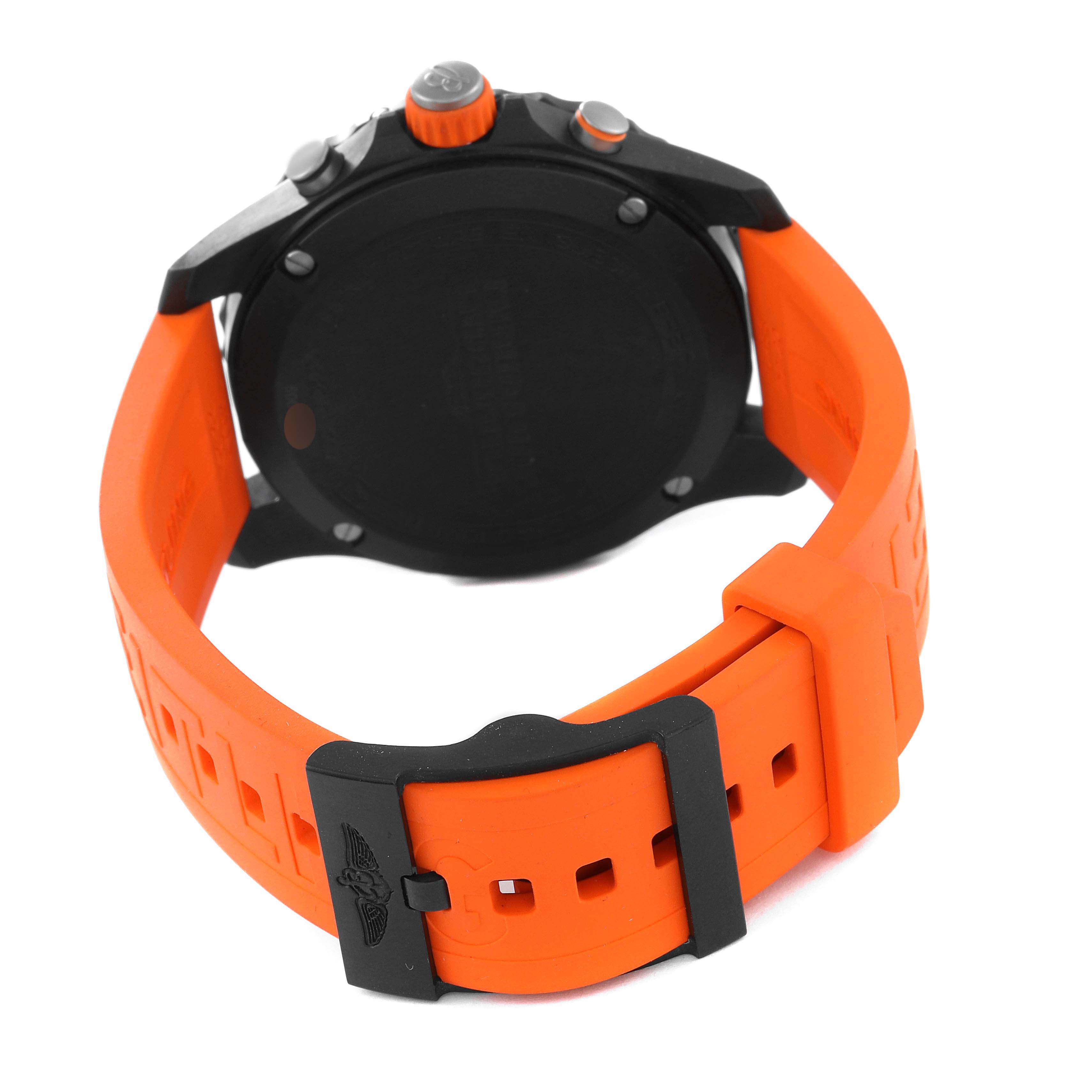 The image shows the back and clasp of the Breitling Professional Series X82310 Men's Ceramic Black Dial X82310 Men's Ceramic Black Dial watch, highlighting its orange strap and black buckle.