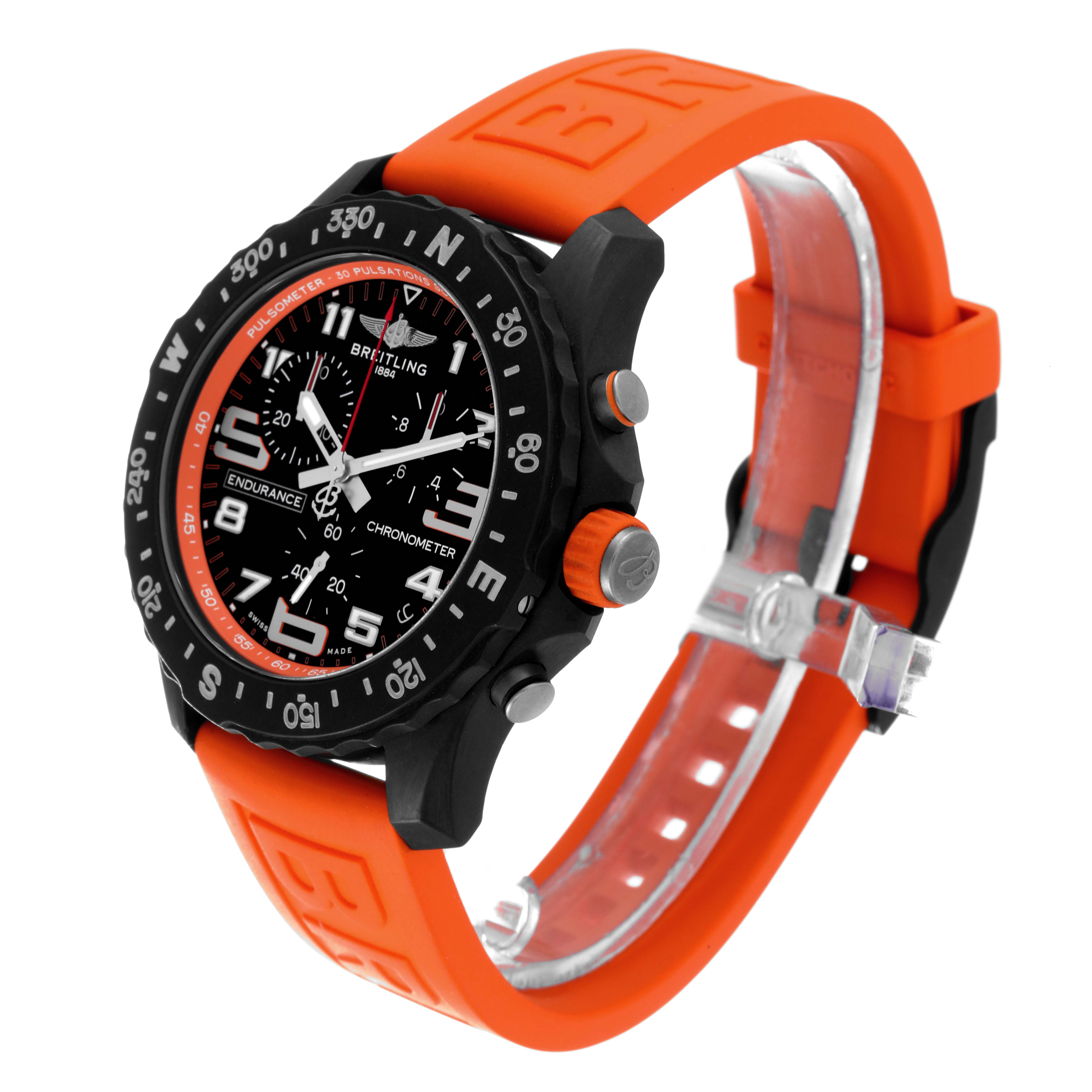 The image shows a side angle view of a Breitling Professional Series X82310 Men's Ceramic Black Dial X82310 Men's Ceramic Black Dial watch, highlighting its black dial and orange strap.