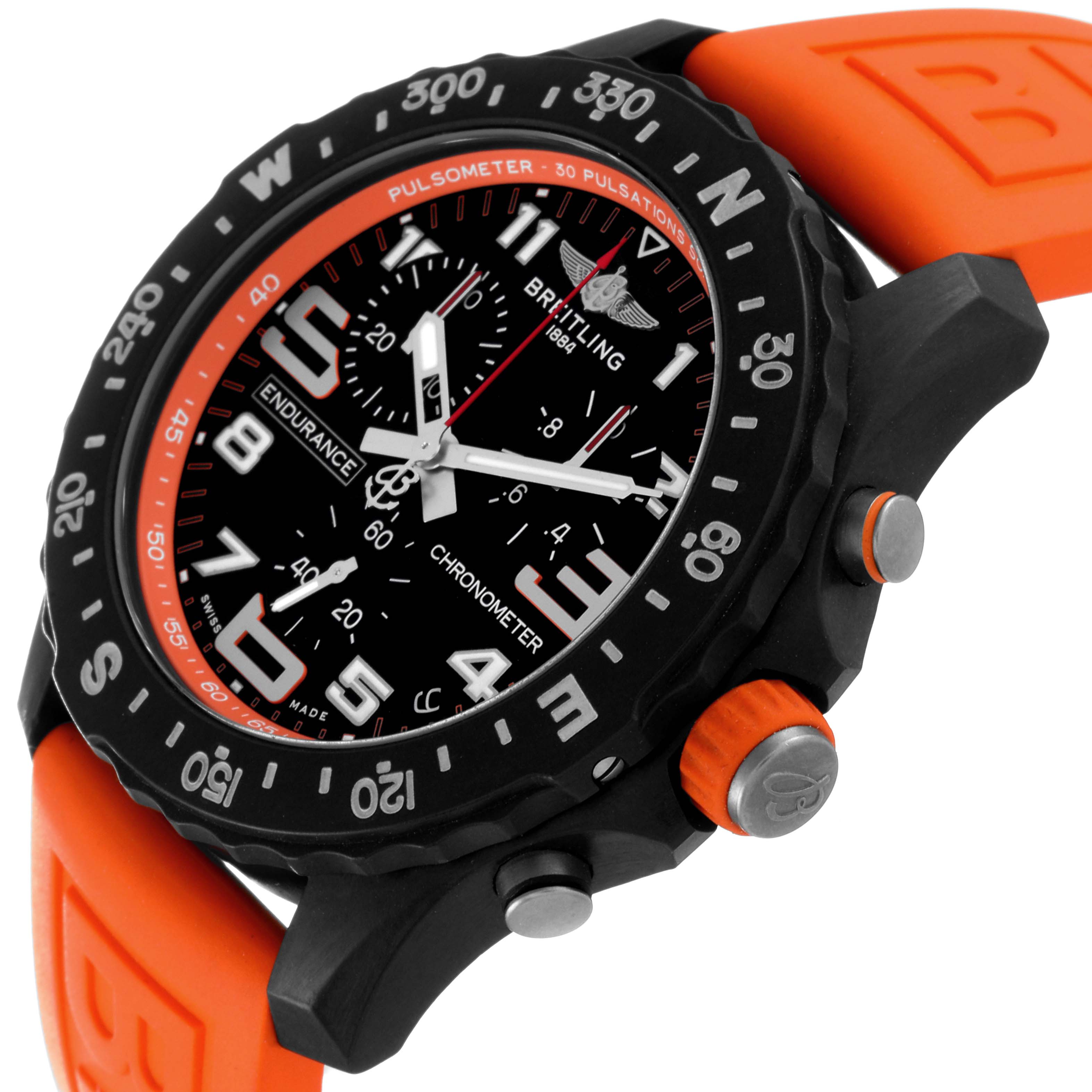 The Breitling Professional Series X82310 Men's Ceramic Black Dial X82310 Men's Ceramic Black Dial watch is shown at a three-quarter angle, highlighting its dial, bezel, and orange strap.