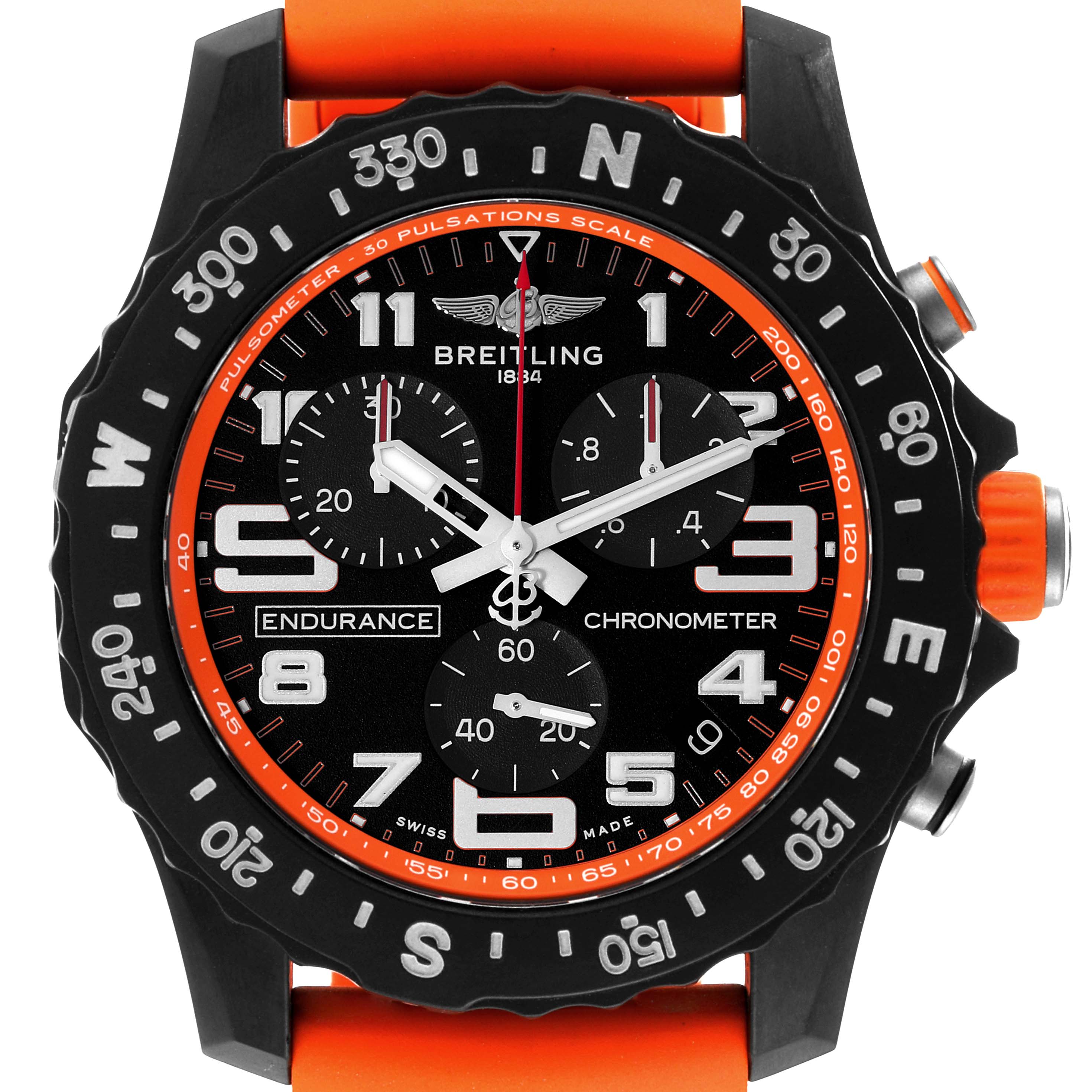 The image shows a top view of the Breitling Professional Series X82310 Men's Ceramic Black Dial X82310 Men's Ceramic Black Dial Endurance chronometer with its dial, bezel, and orange strap visible.