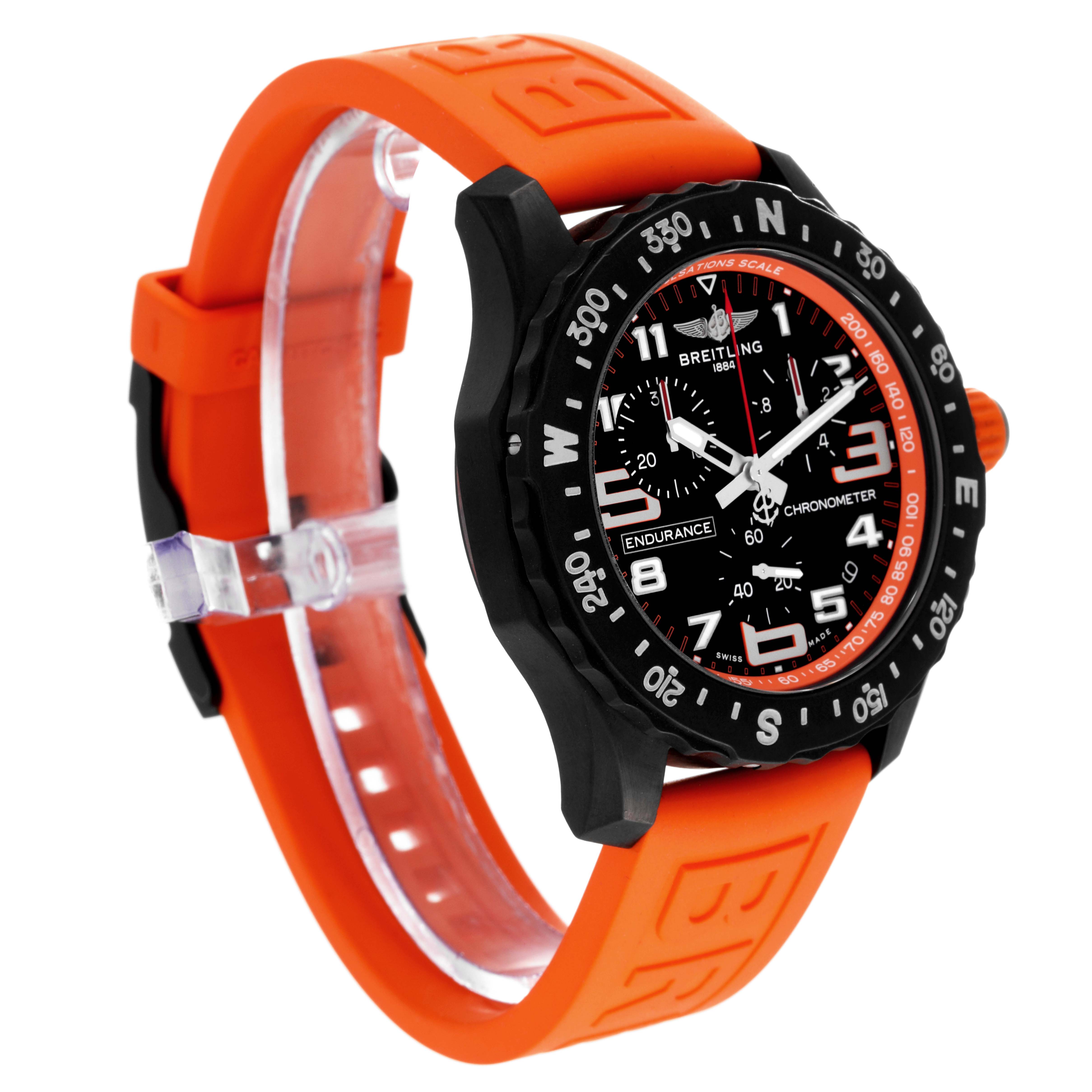 The image shows a side angle of the Breitling Professional Series X82310 Men's Ceramic Black Dial X82310 Men's Ceramic Black Dial model watch with a black face and an orange strap.