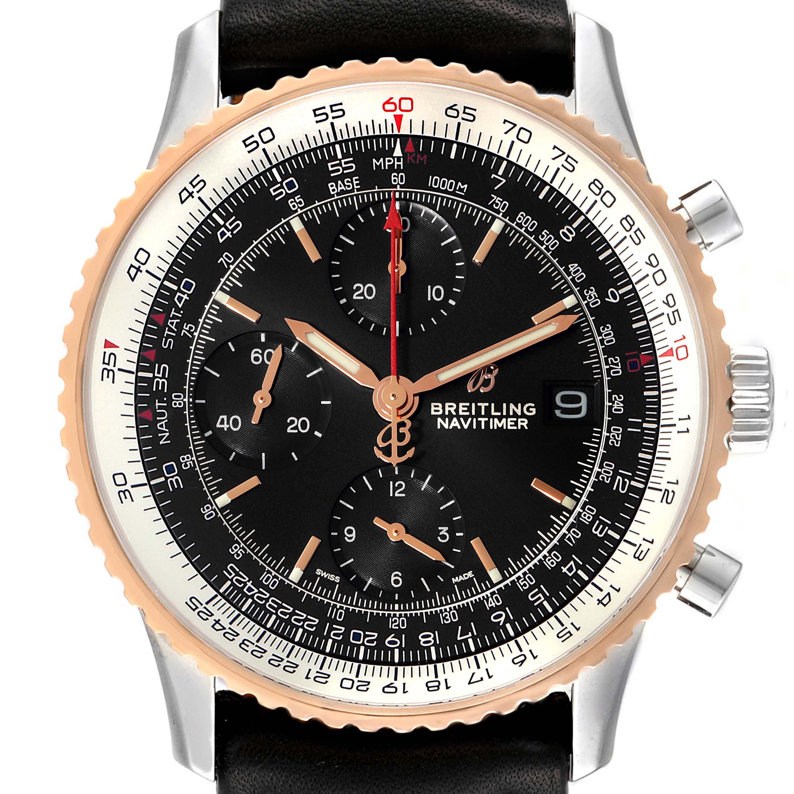 The image shows a close-up of the Breitling Navitimer U13324 Men
s Stainless Steel Black Dial U13324 Men
s Stainless Steel Black Dial watch face, highlighting the bezel, dials, hands, and date window.