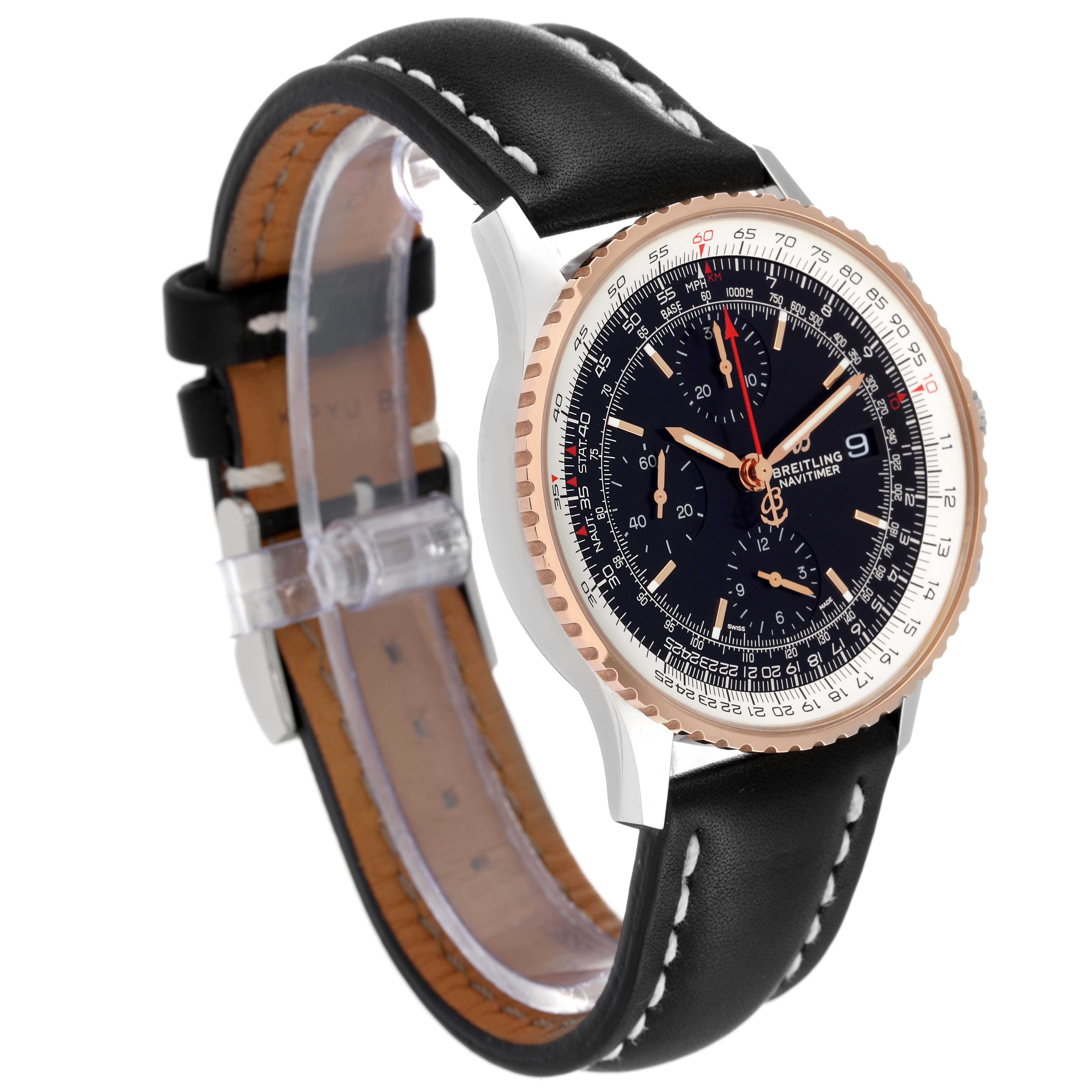 This image shows a Breitling Navitimer U13324 Men
s Stainless Steel Black Dial U13324 Men
s Stainless Steel Black Dial watch at a three-quarter angle, highlighting its black dial, rose gold bezel, and black leather strap.