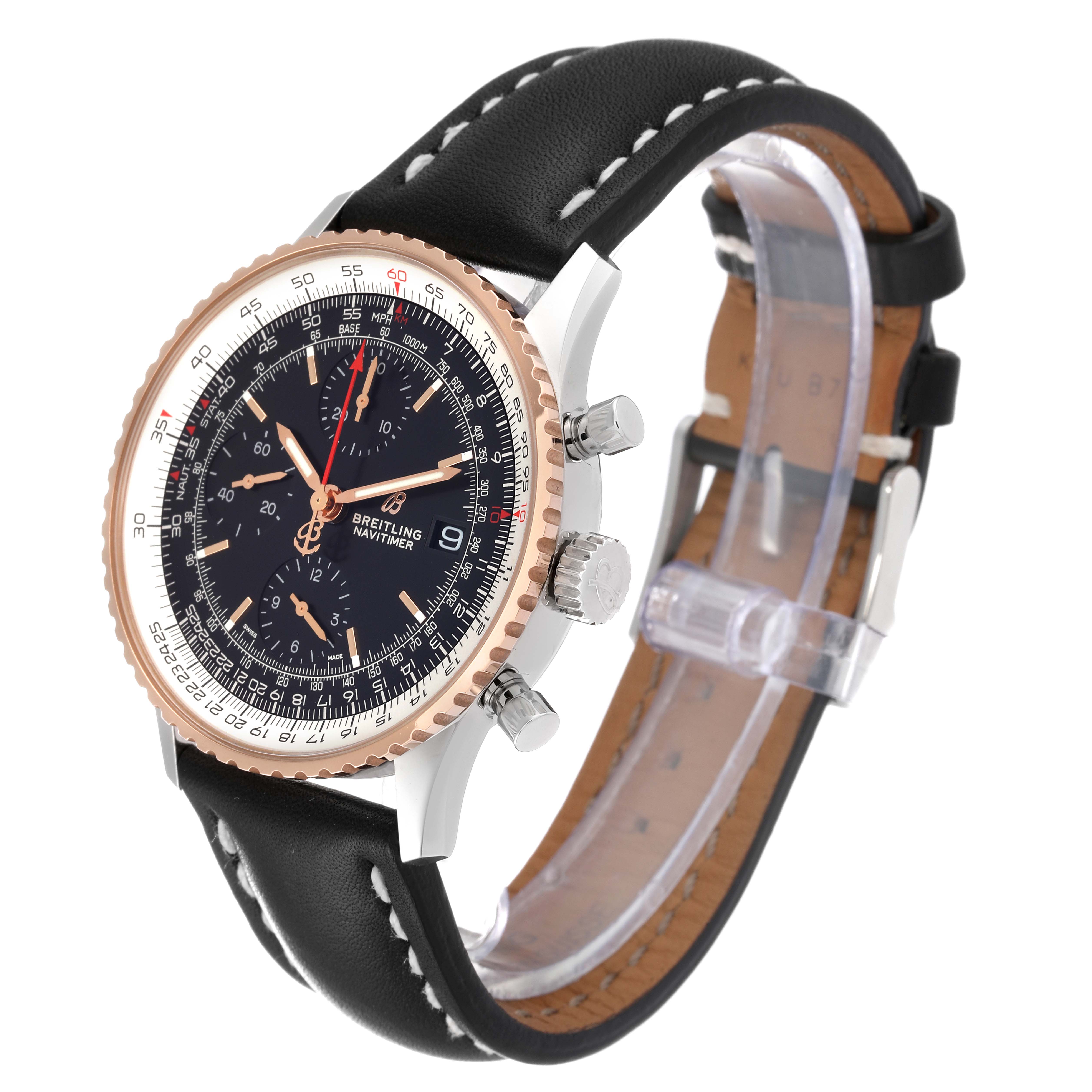 The image shows a Breitling Navitimer U13324 Men
s Stainless Steel Black Dial U13324 Men
s Stainless Steel Black Dial watch at an angled view, displaying its face, bezel, crown, pushers, and leather strap.