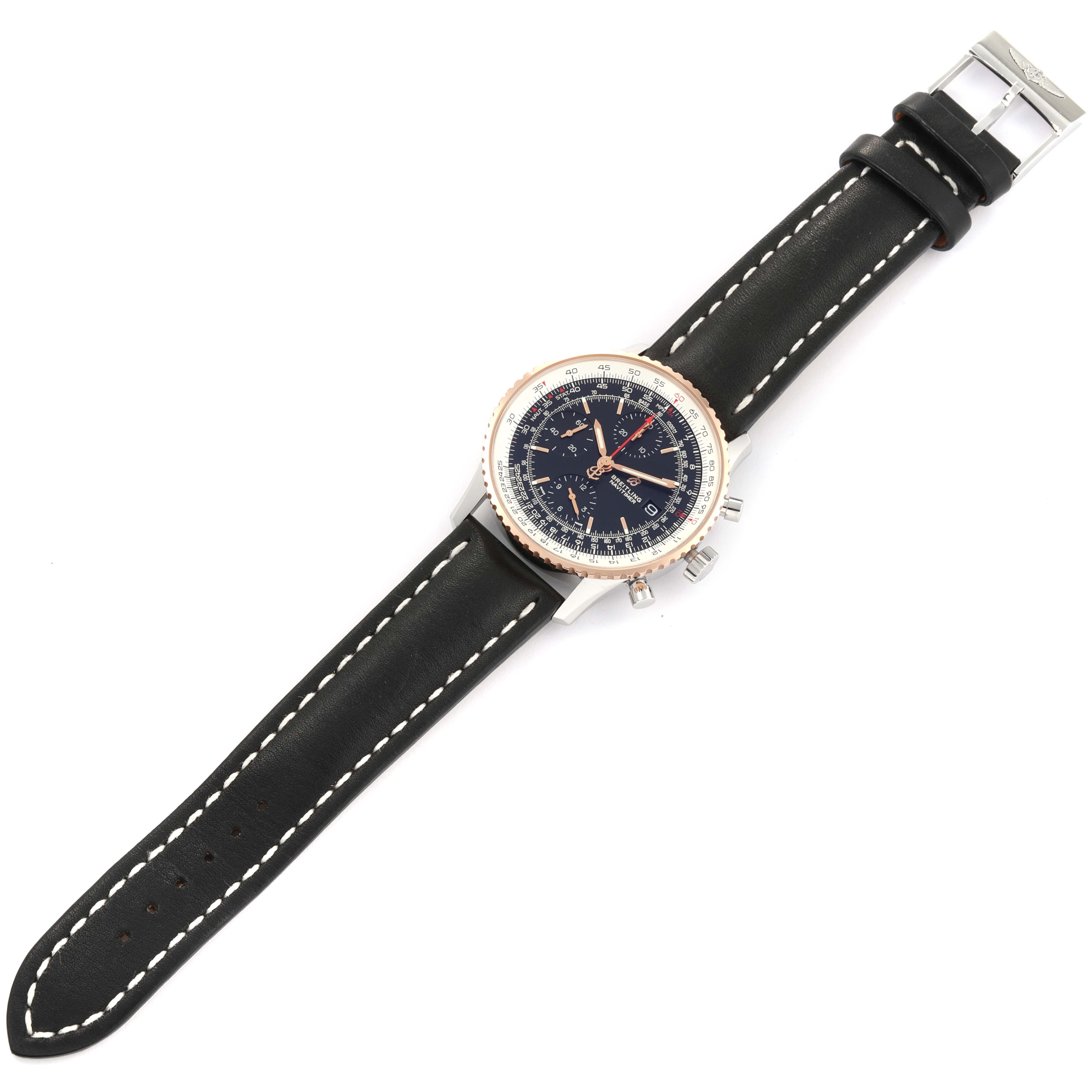 The Breitling Navitimer U13324 Men
s Stainless Steel Black Dial U13324 Men
s Stainless Steel Black Dial watch is shown from a top-down angle, displaying the dial, case, strap, and buckle.