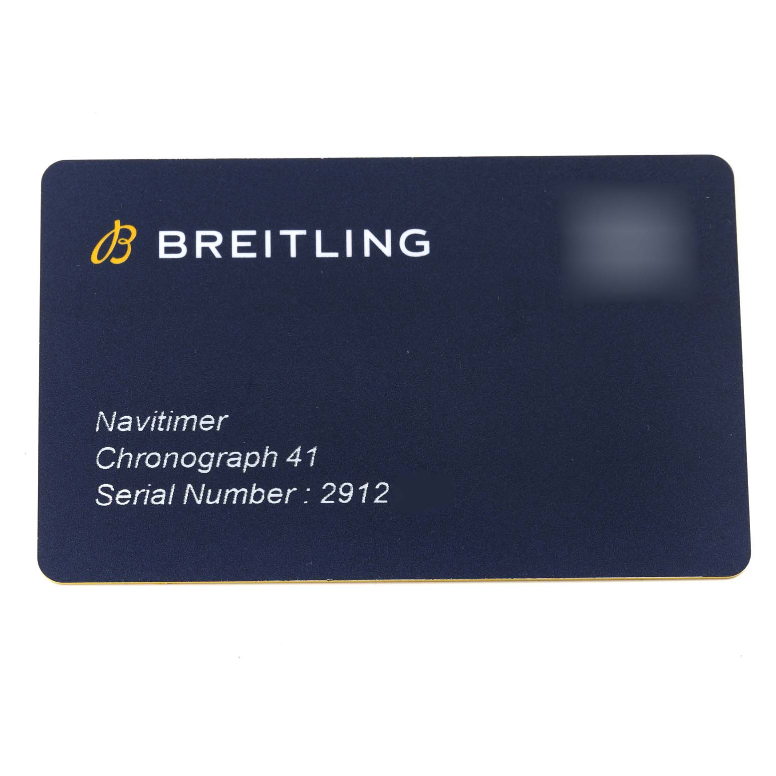 This is a warranty card for the Navitimer Chronograph 41 by Breitling, displaying the model name, serial number, and brand.