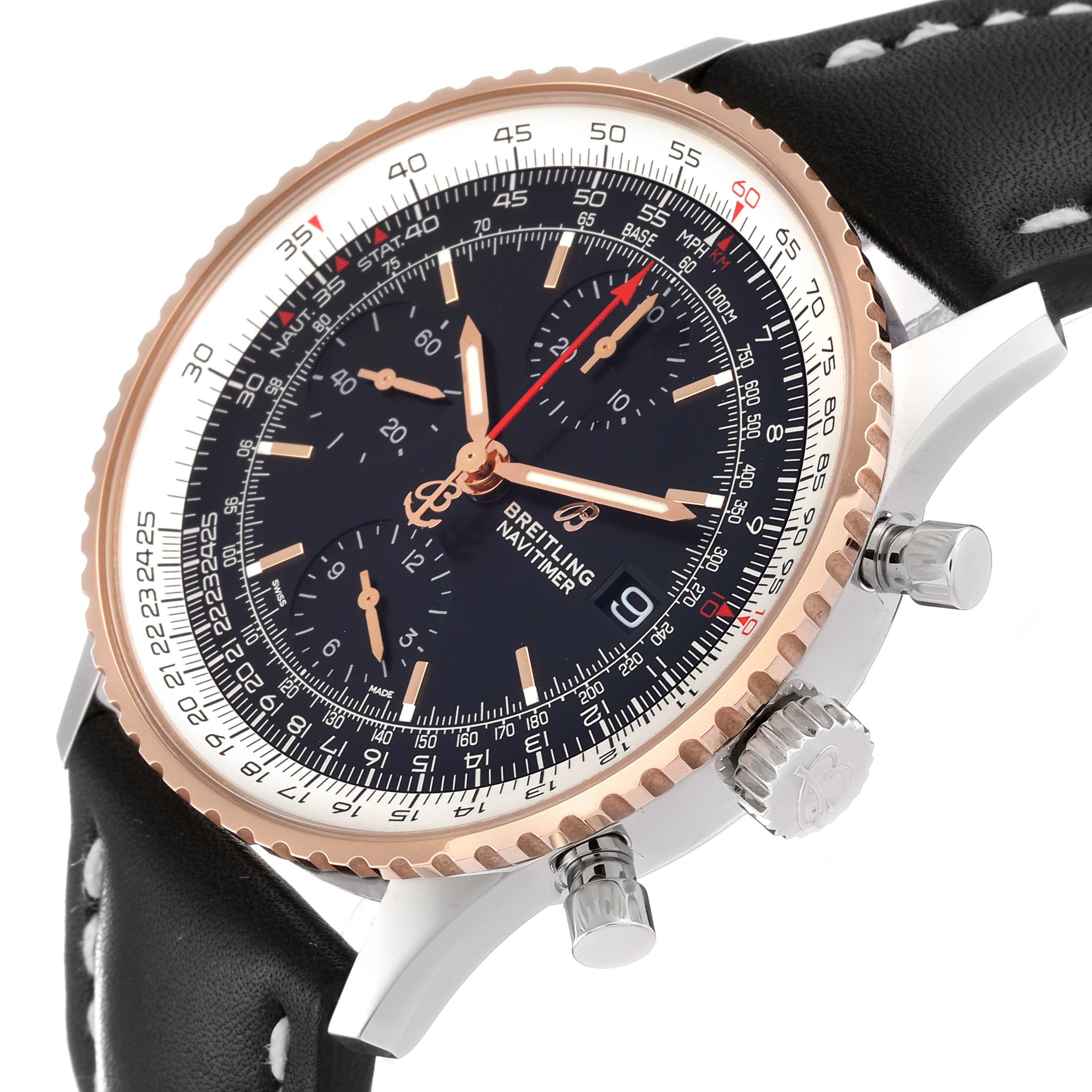 The image shows a Breitling Navitimer U13324 Men
s Stainless Steel Black Dial U13324 Men
s Stainless Steel Black Dial watch from an angled side view, displaying the dial, crown, pushers, and part of the leather strap.