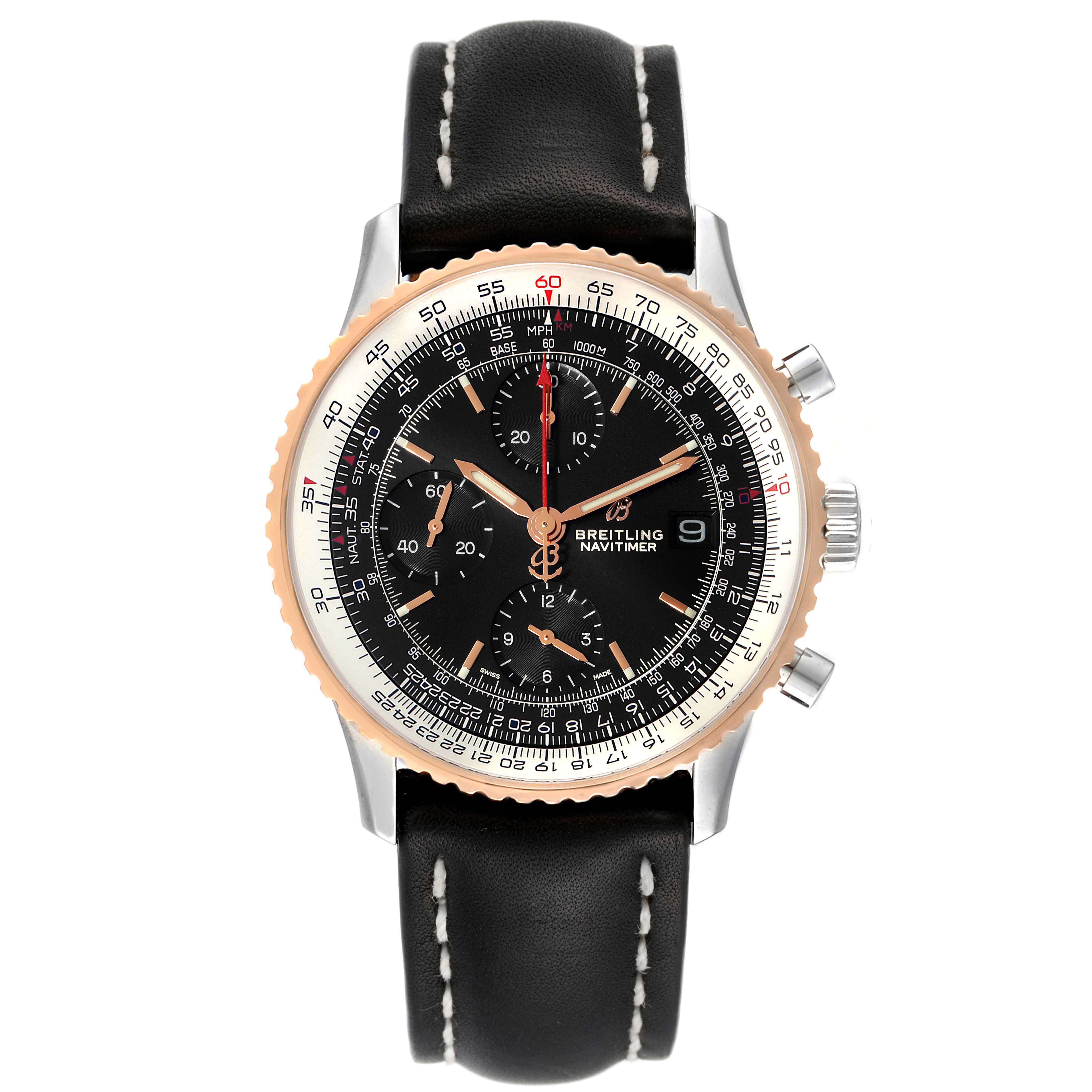 The Breitling Navitimer U13324 Men
s Stainless Steel Black Dial U13324 Men
s Stainless Steel Black Dial watch is shown from a top-down angle, displaying its black dial, gold bezel, chronograph subdials, and black leather strap.