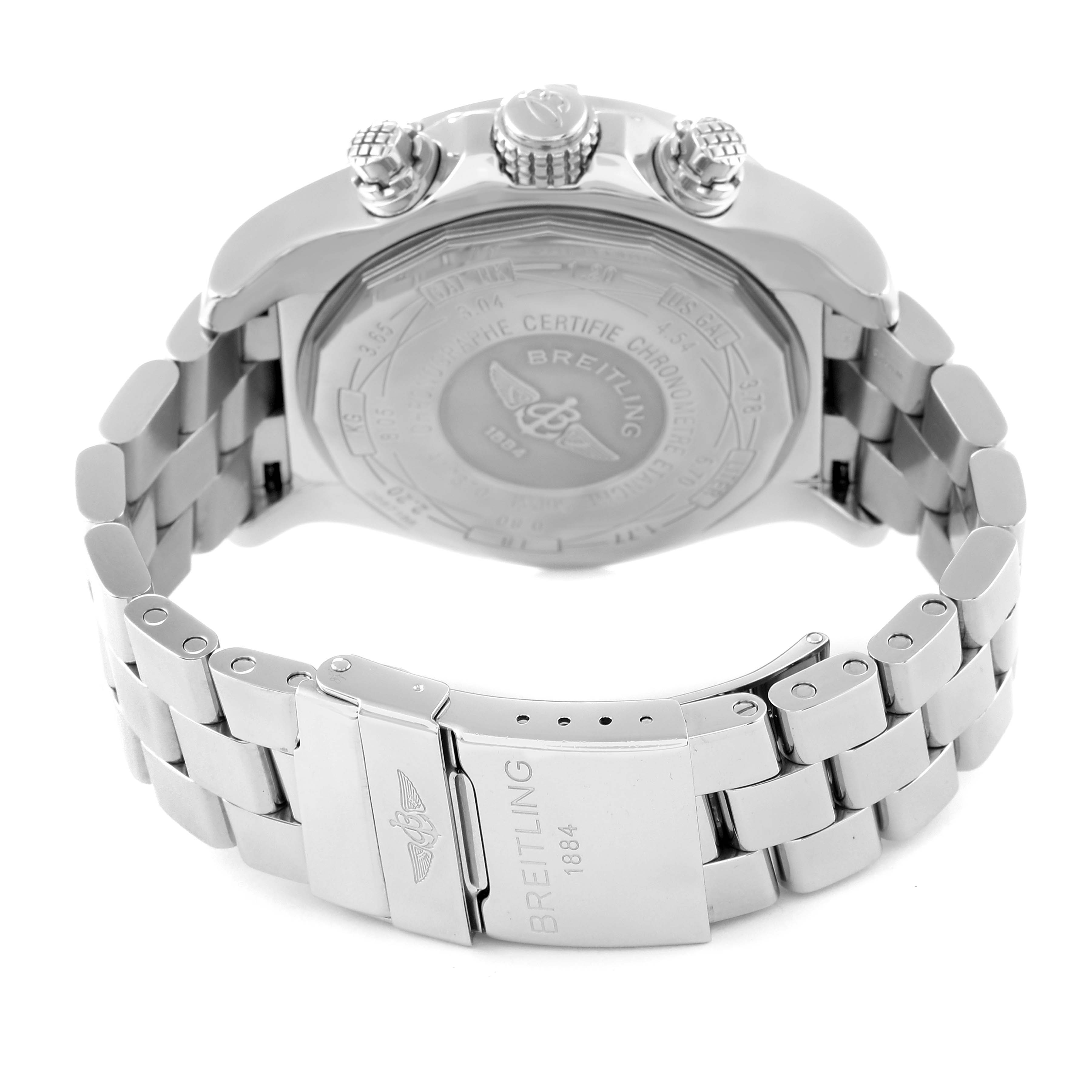 The image shows the back case and stainless steel bracelet of the Breitling Avenger A13370 Men's Stainless Steel Black Dial A13370 Men's Stainless Steel Black Dial watch at an angle.