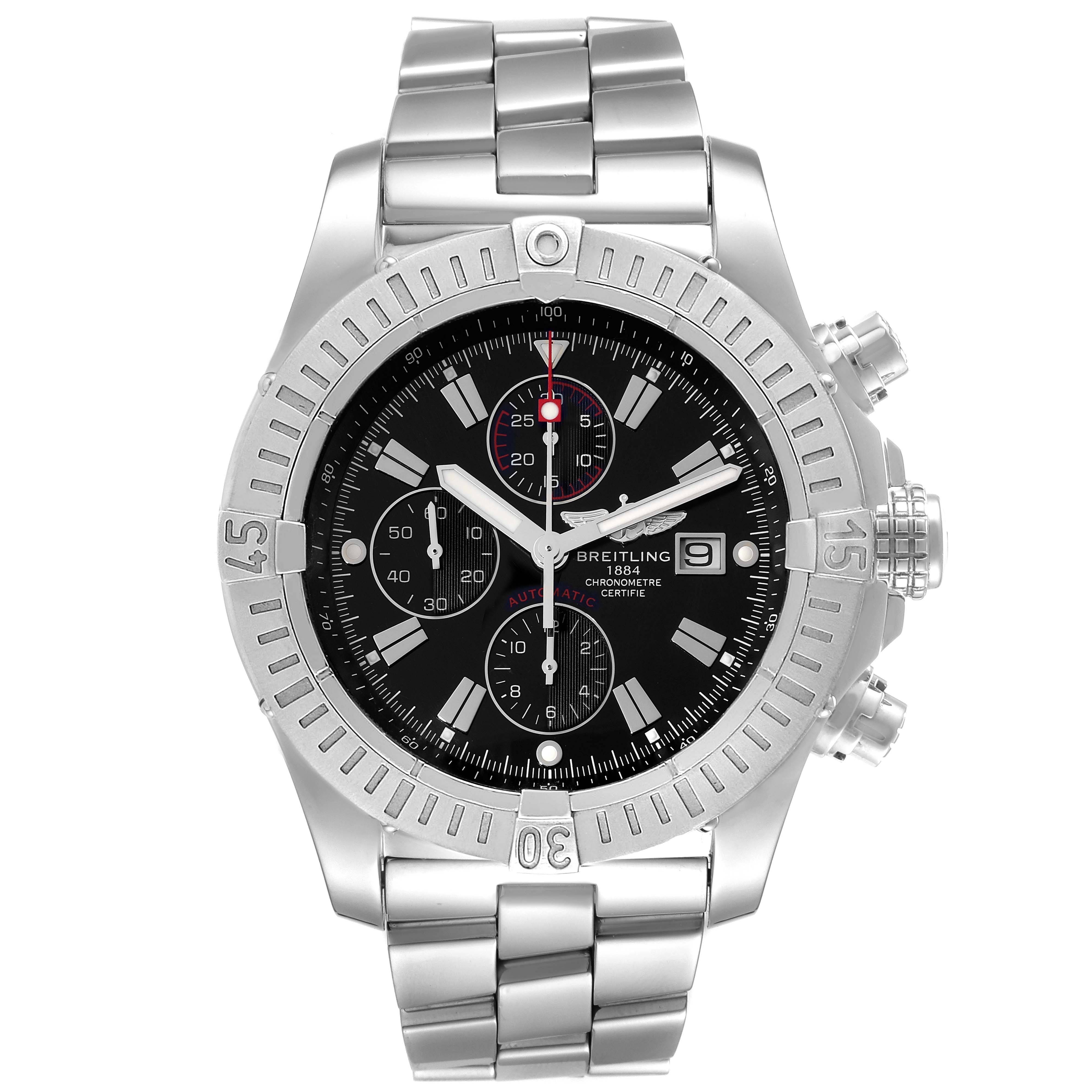 The image shows a front view of a Breitling Avenger A13370 Men's Stainless Steel Black Dial A13370 Men's Stainless Steel Black Dial watch, highlighting its metal bracelet, bezel, dial, and chronograph subdials.