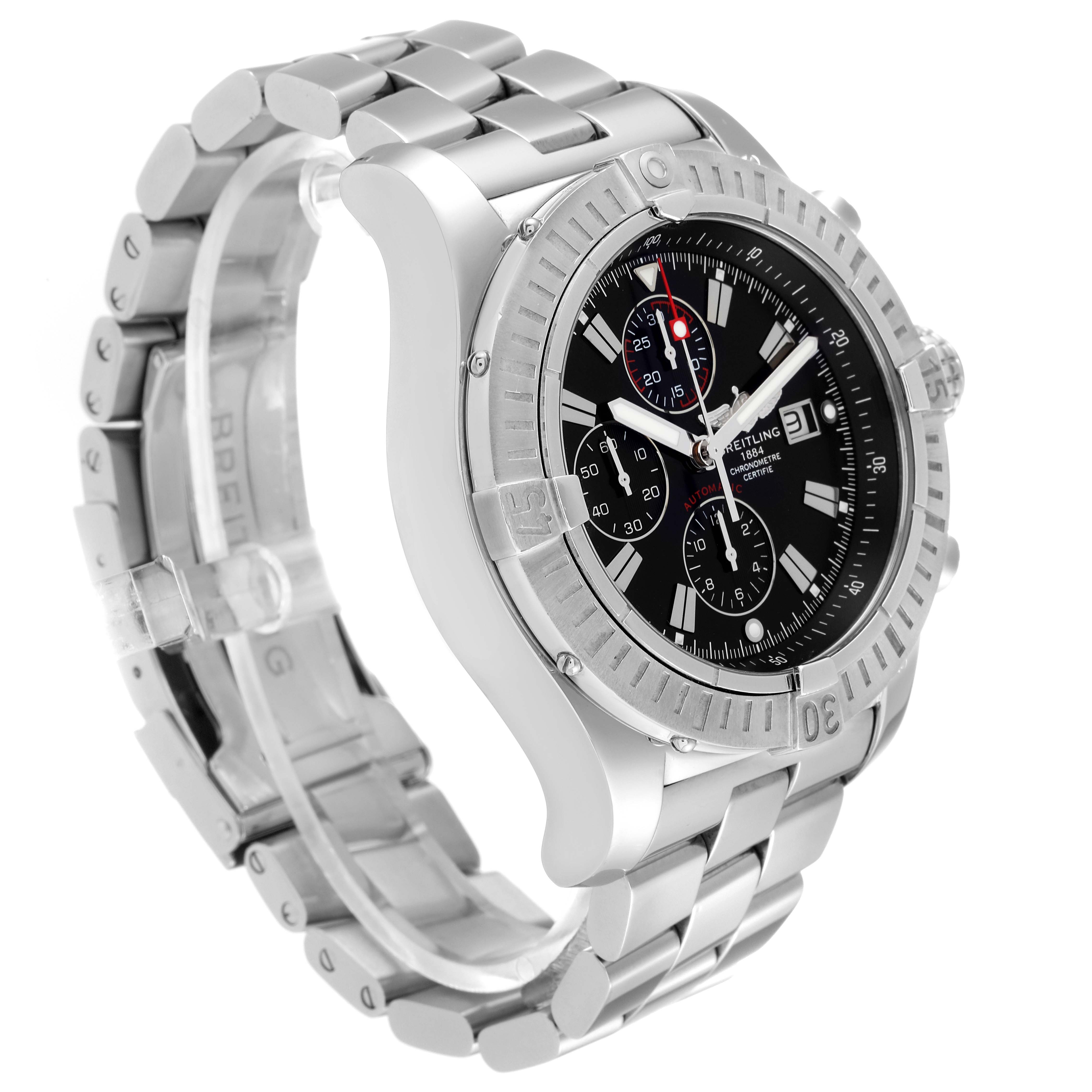 The image shows a side angle of a Breitling Avenger A13370 Men's Stainless Steel Black Dial A13370 Men's Stainless Steel Black Dial watch, highlighting its stainless steel bracelet, bezel, crown, and black dial with subdials.