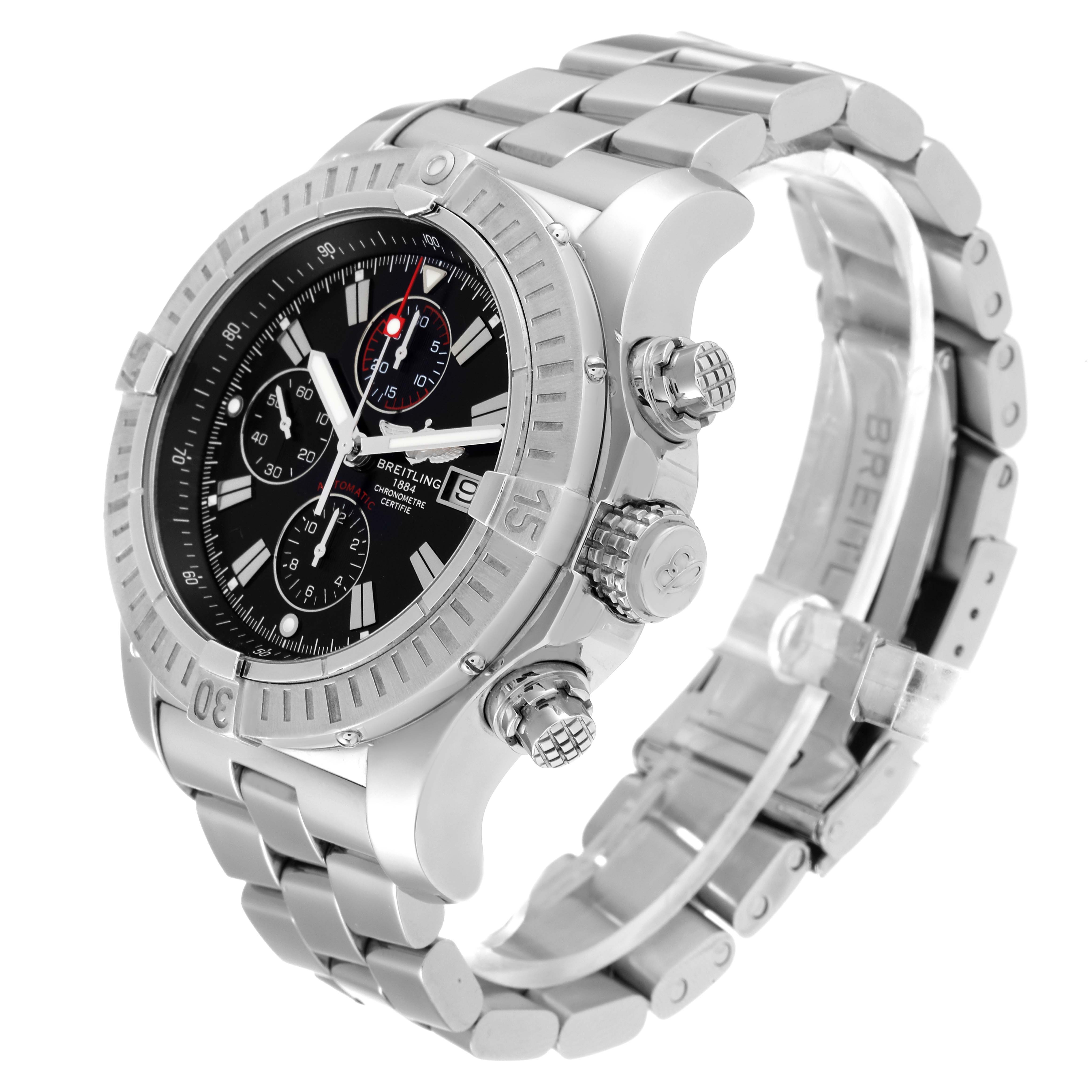 The image shows a Breitling Avenger A13370 Men's Stainless Steel Black Dial A13370 Men's Stainless Steel Black Dial watch from a three-quarter angle, highlighting its bezel, dial, chronograph functions, and metal bracelet.