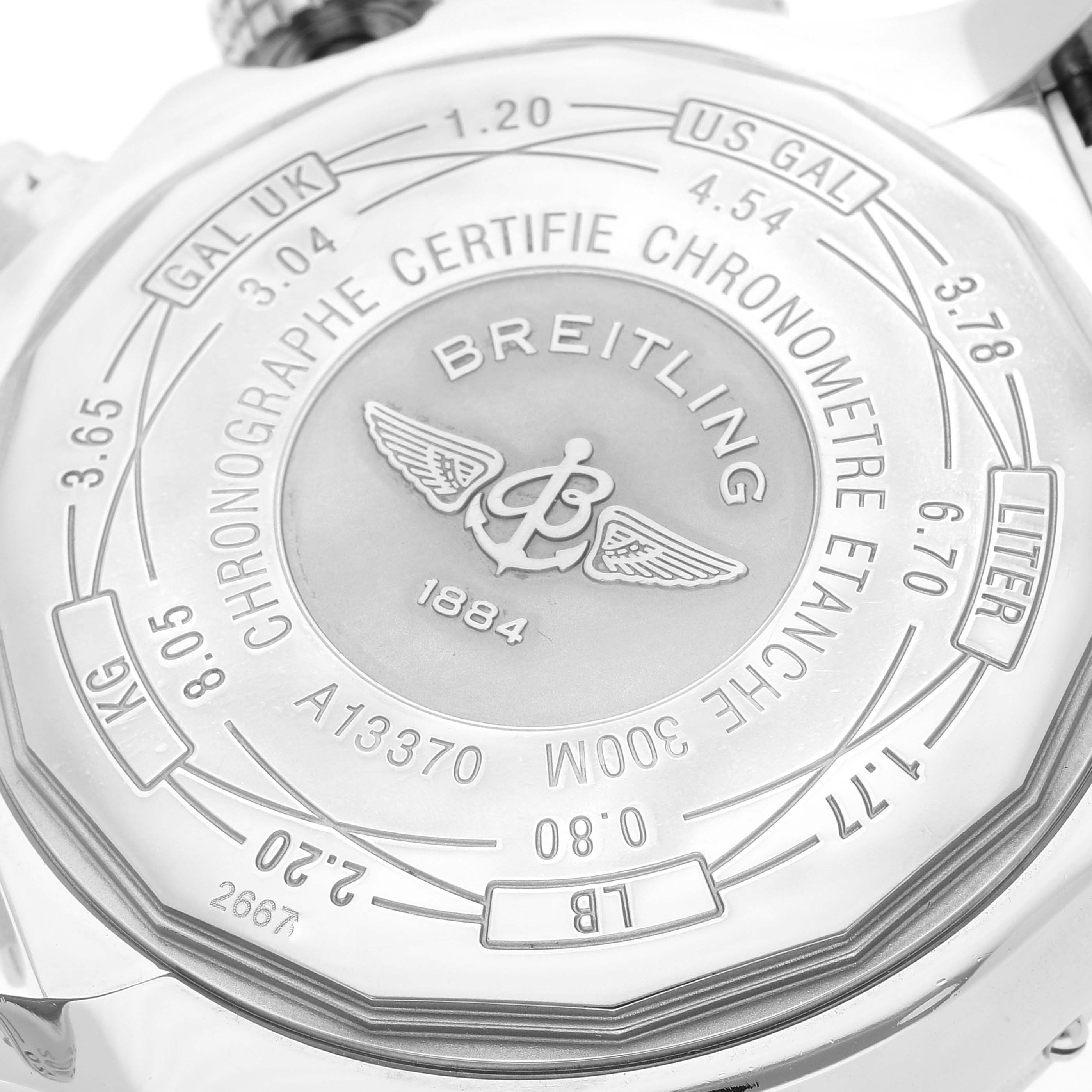 This image shows the back casing of a Breitling Avenger A13370 Men's Stainless Steel Black Dial A13370 Men's Stainless Steel Black Dial watch, detailing its specifications and engravings.