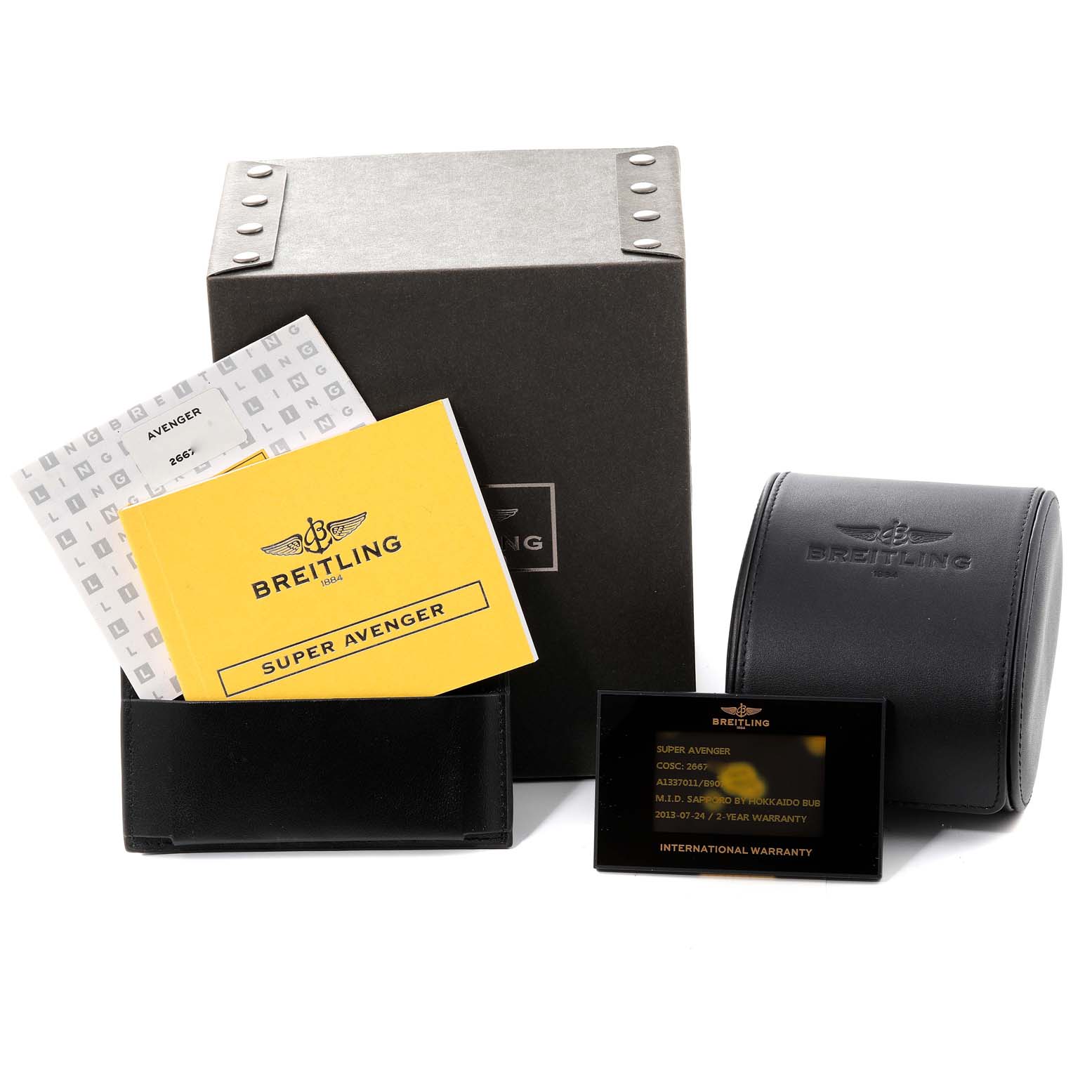 The image shows the Breitling Avenger A13370 Men's Stainless Steel Black Dial A13370 Men's Stainless Steel Black Dial watch packaging, including the box, warranty card, and user manuals.