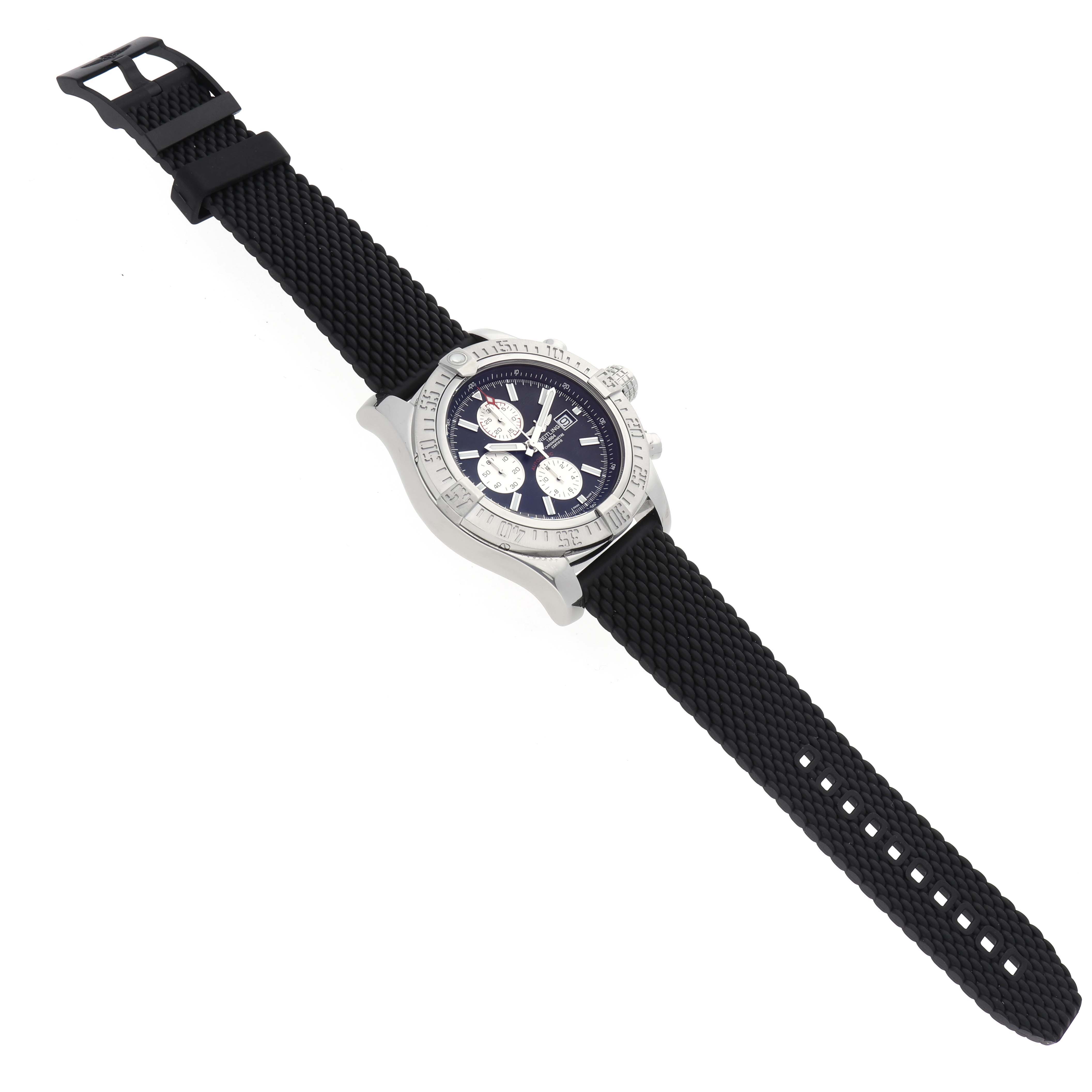 The Breitling Avenger A13371 Men
s Stainless Steel Black Dial A13371 Men
s Stainless Steel Black Dial watch is shown at a side angle, revealing the face, bezel, pushers, and strap.