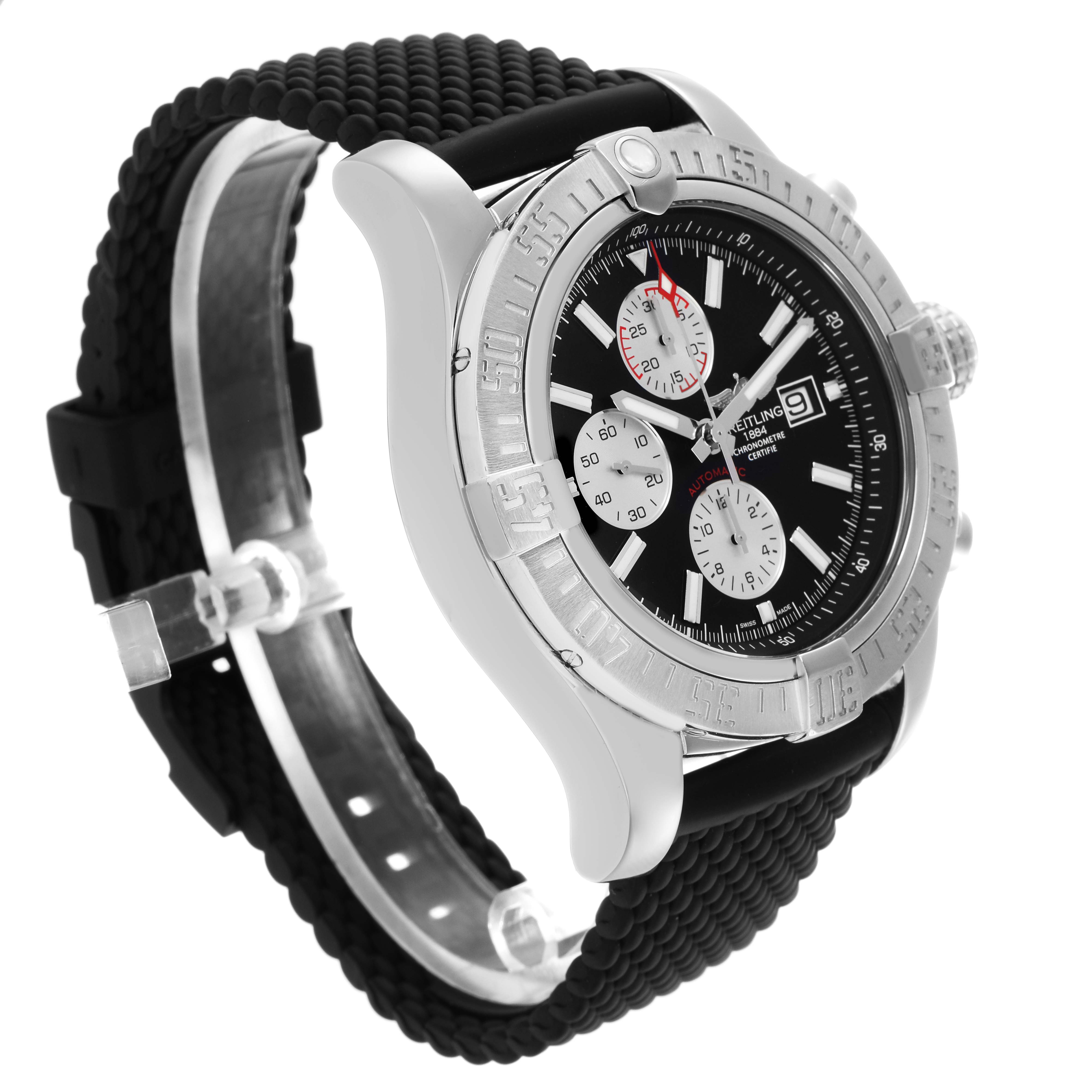 The Breitling Avenger A13371 Men
s Stainless Steel Black Dial A13371 Men
s Stainless Steel Black Dial watch is shown at an angle highlighting the side and face, focusing on the bezel and strap.