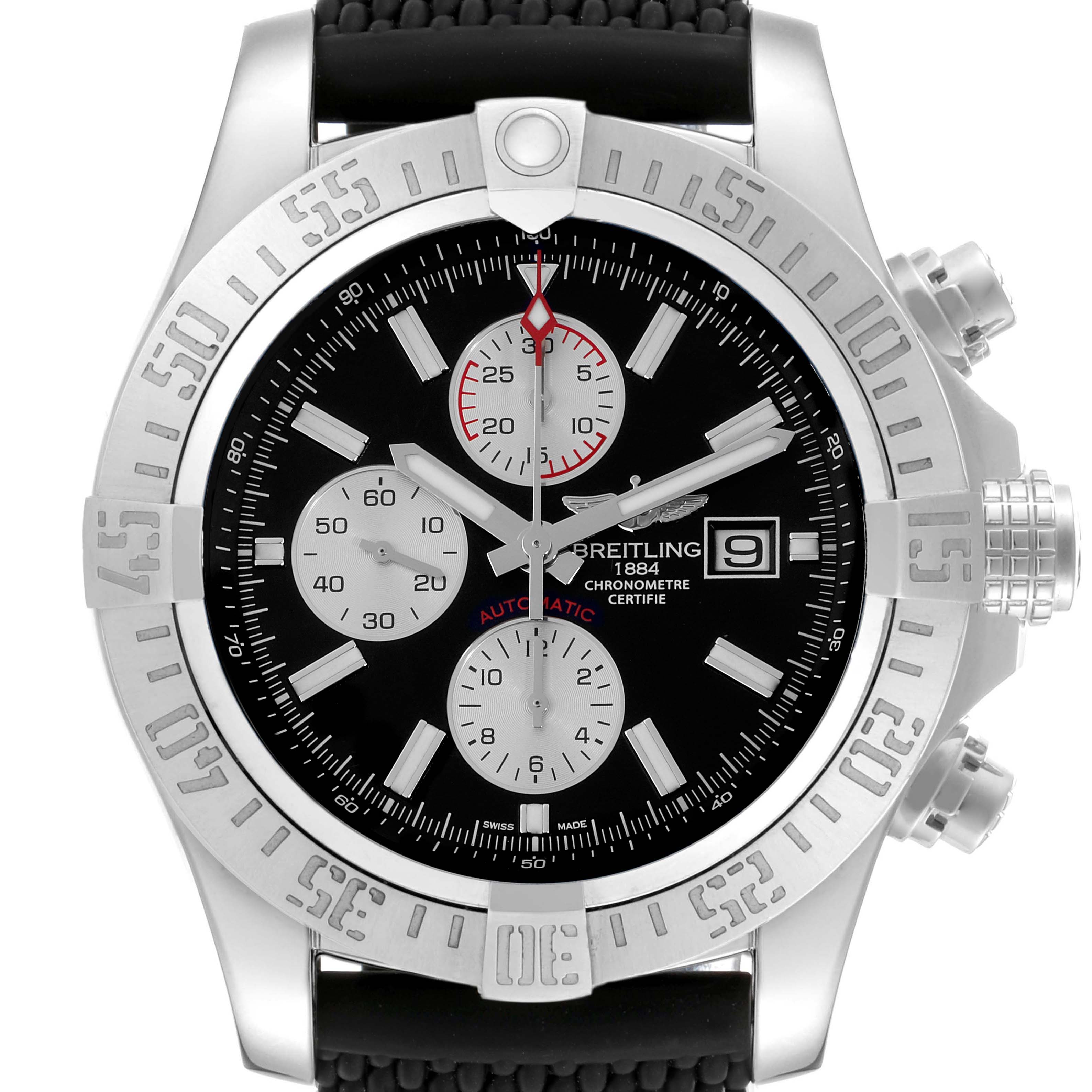 The Breitling Avenger A13371 Men
s Stainless Steel Black Dial A13371 Men
s Stainless Steel Black Dial watch is shown from a front angle, displaying the face, bezel, crown, and pushers.