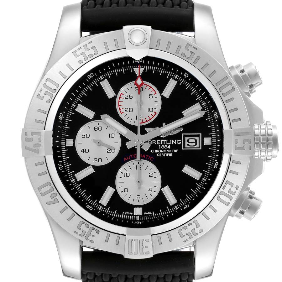 The Breitling Avenger watch is shown from a front angle, displaying the face, bezel, crown, and pushers.