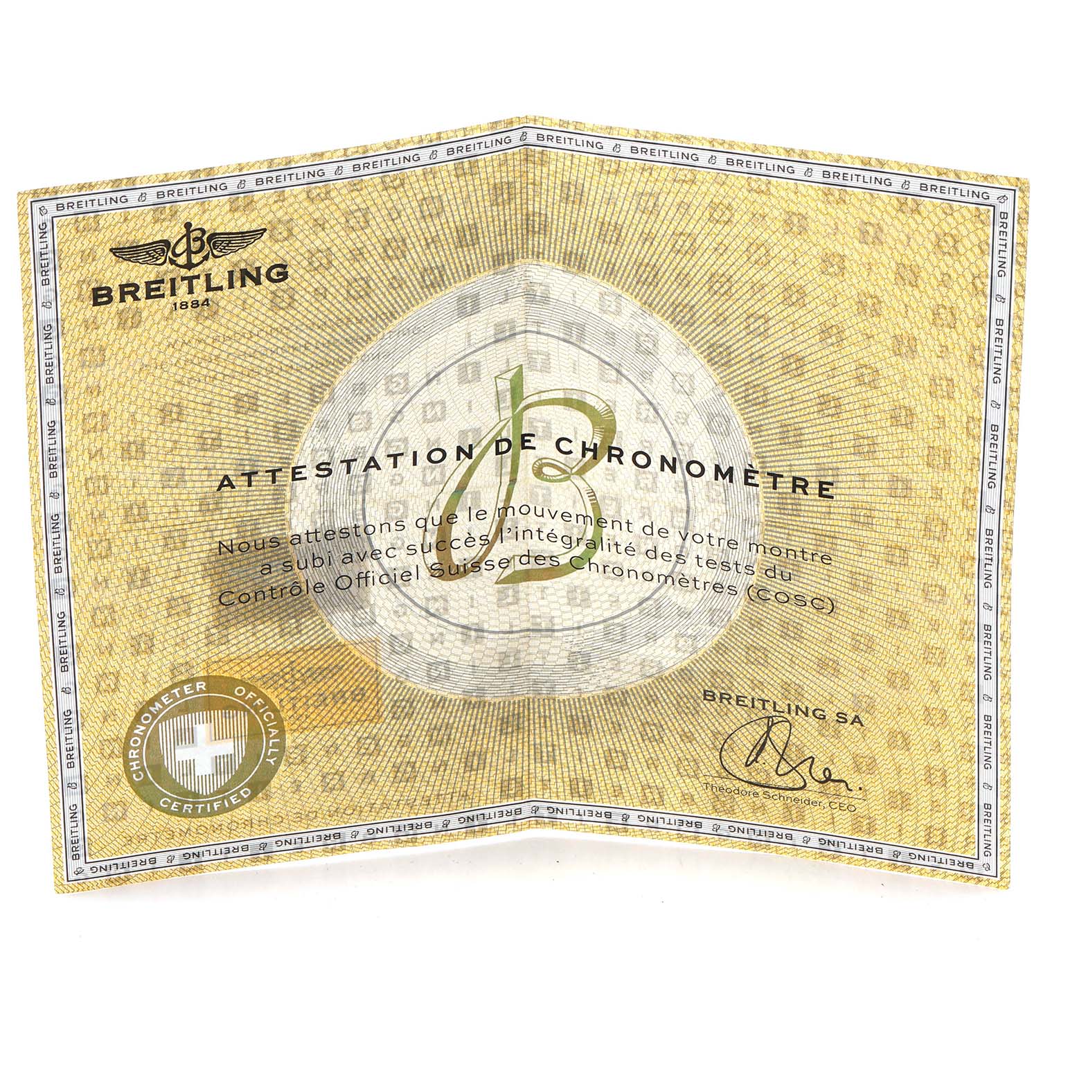 The image shows a Breitling chronometer certificate for the Avenger model.