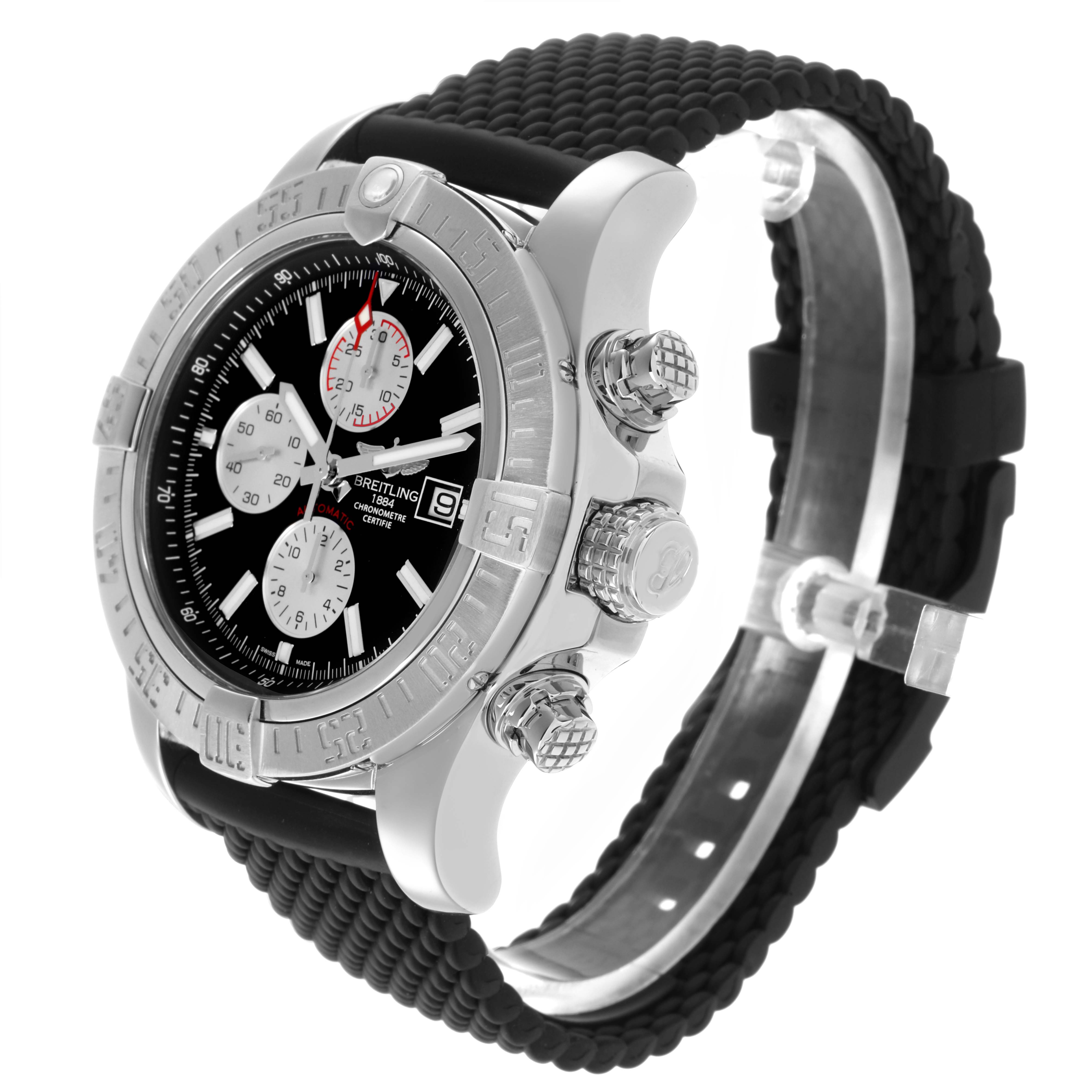 The Breitling Avenger A13371 Men
s Stainless Steel Black Dial A13371 Men
s Stainless Steel Black Dial watch is shown at a three-quarter angle, highlighting the bezel, crown, pushers, and black strap.