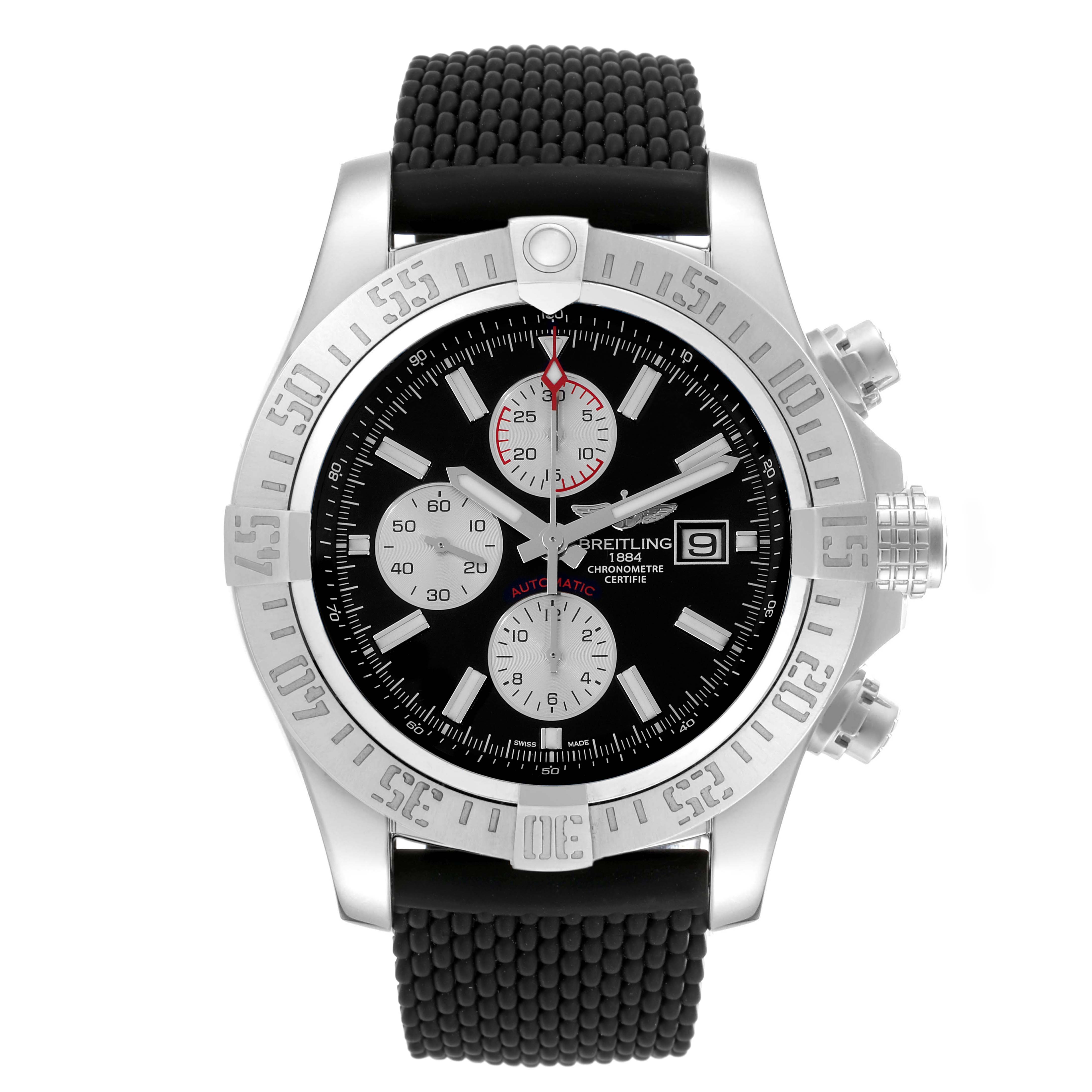 The Breitling Avenger A13371 Men
s Stainless Steel Black Dial A13371 Men
s Stainless Steel Black Dial watch is shown from the front, featuring its face, bezel, crown, and strap.
