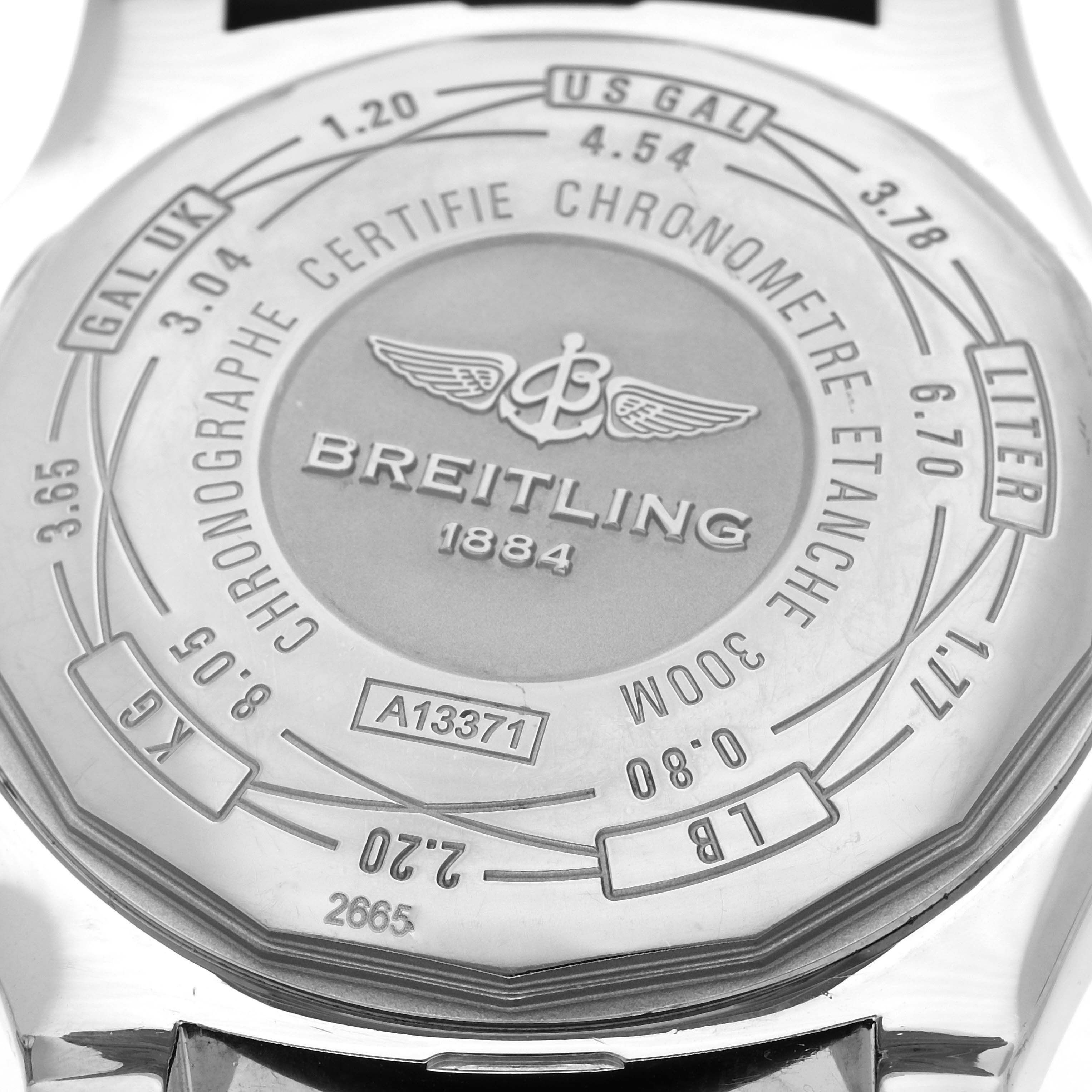 The image shows the back case of a Breitling Avenger A13371 Men
s Stainless Steel Black Dial A13371 Men
s Stainless Steel Black Dial watch, featuring detailed engravings and the brand logo.
