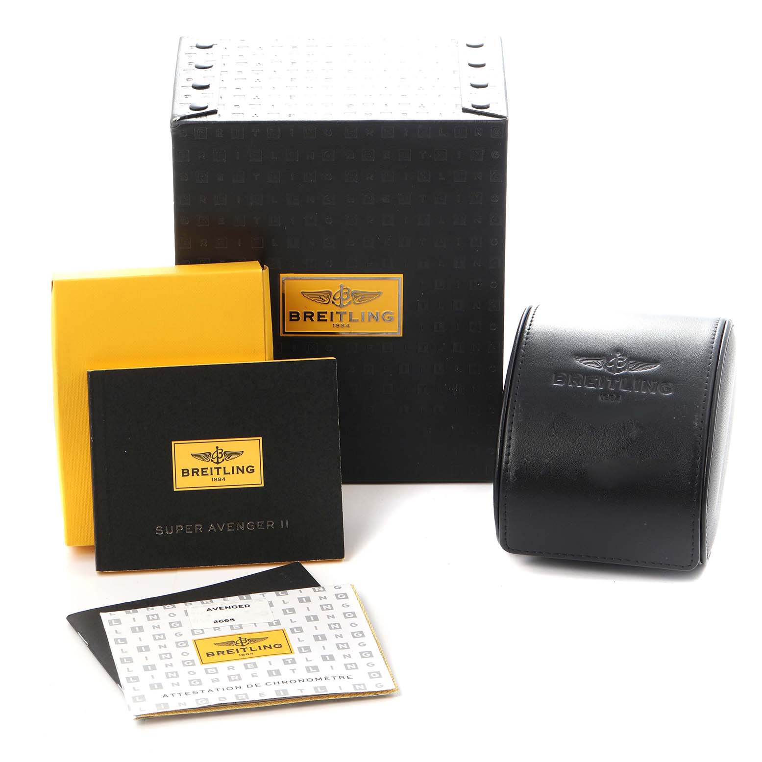 The image shows the Breitling Avenger A13371 Men
s Stainless Steel Black Dial A13371 Men
s Stainless Steel Black Dial watch box, leather case, and manuals from a frontal angle.