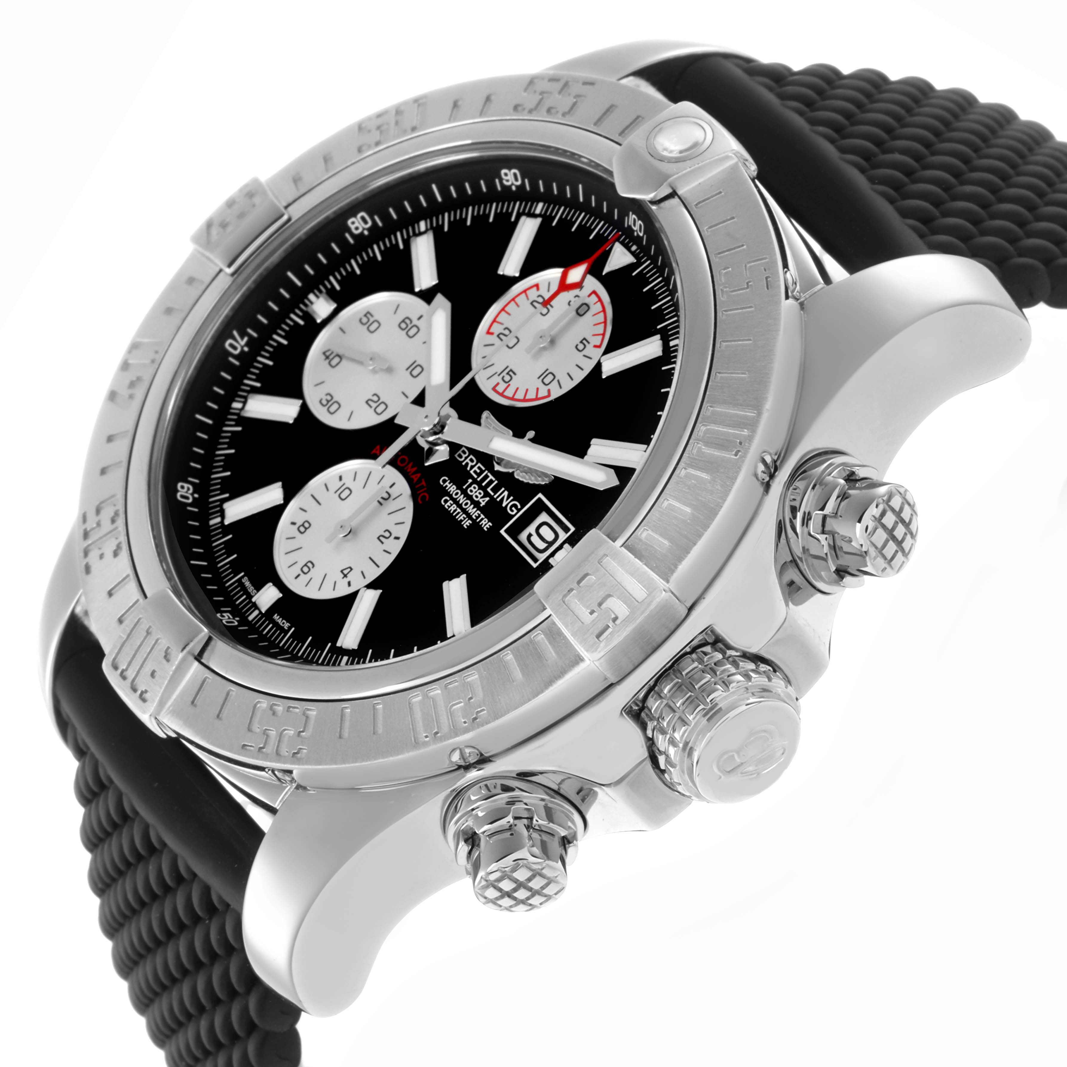 The Breitling Avenger A13371 Men
s Stainless Steel Black Dial A13371 Men
s Stainless Steel Black Dial watch is shown at an angled view, highlighting the bezel, crown, pushers, and the textured strap.