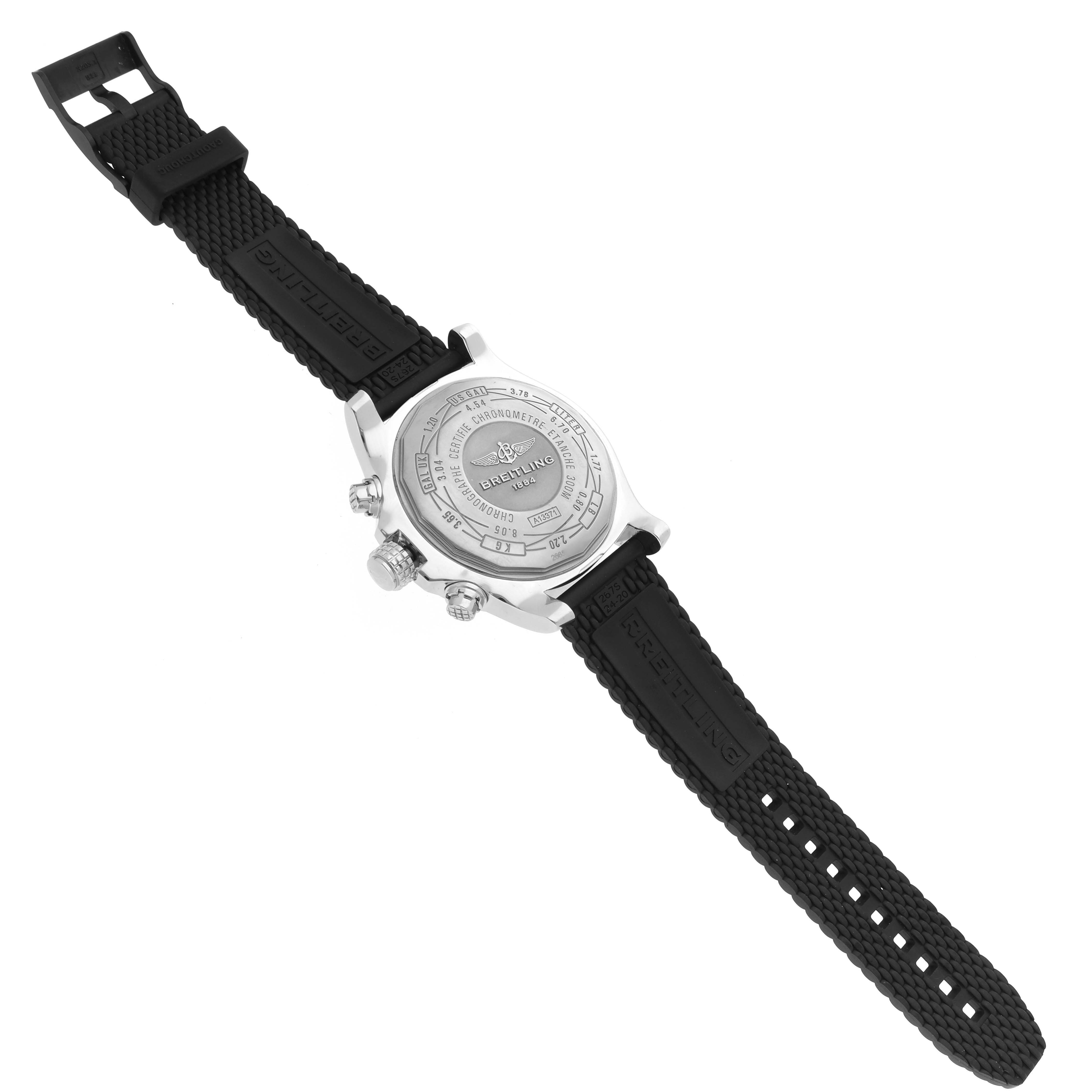 The Breitling Avenger A13371 Men
s Stainless Steel Black Dial A13371 Men
s Stainless Steel Black Dial watch is shown from the back, highlighting the case back, strap, and pushers.