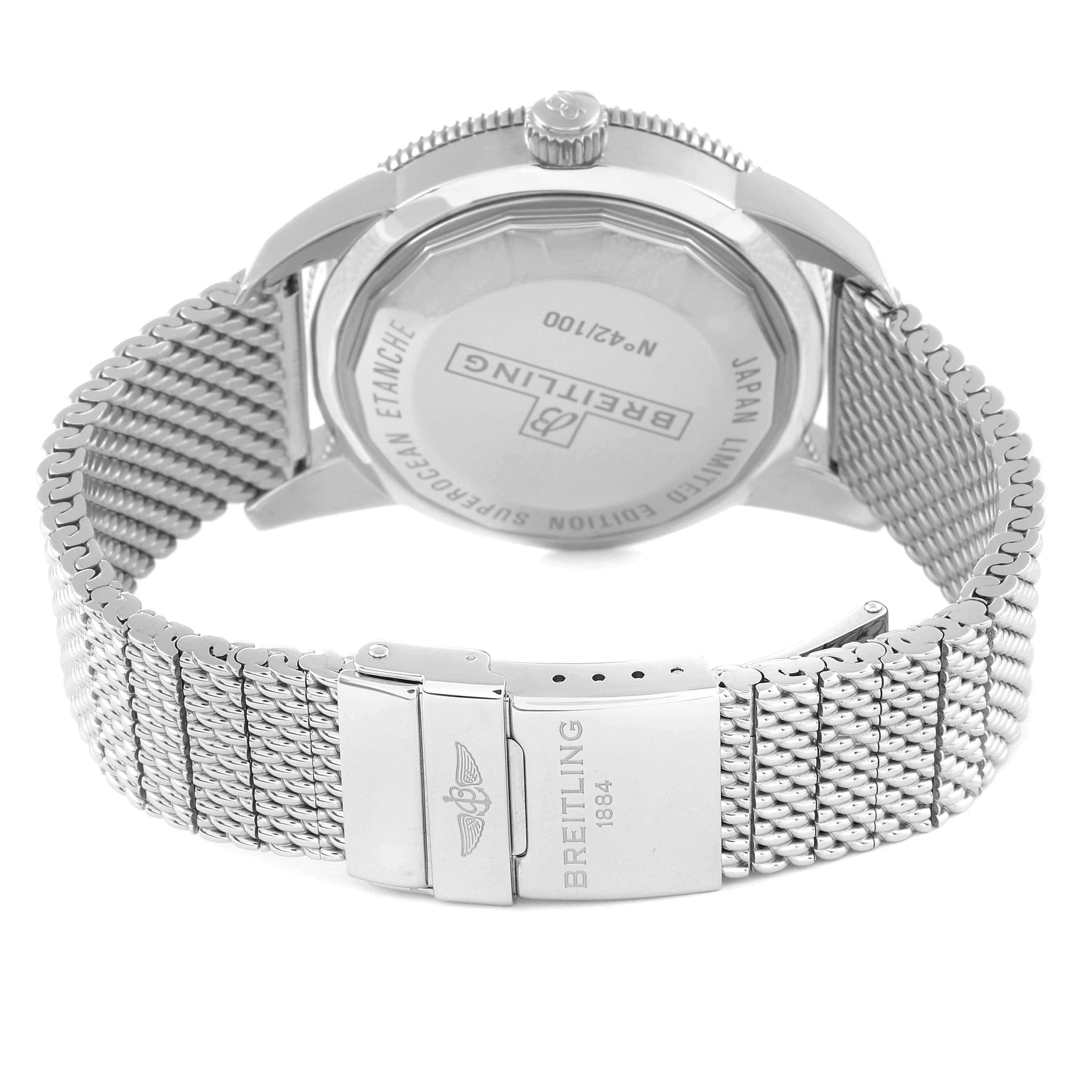 The image shows the back and clasp of a Breitling Superocean AB2030 Men's Stainless Steel Blue Dial AB2030 Men's Stainless Steel Blue Dial watch, focusing on its stainless steel mesh bracelet and case back.