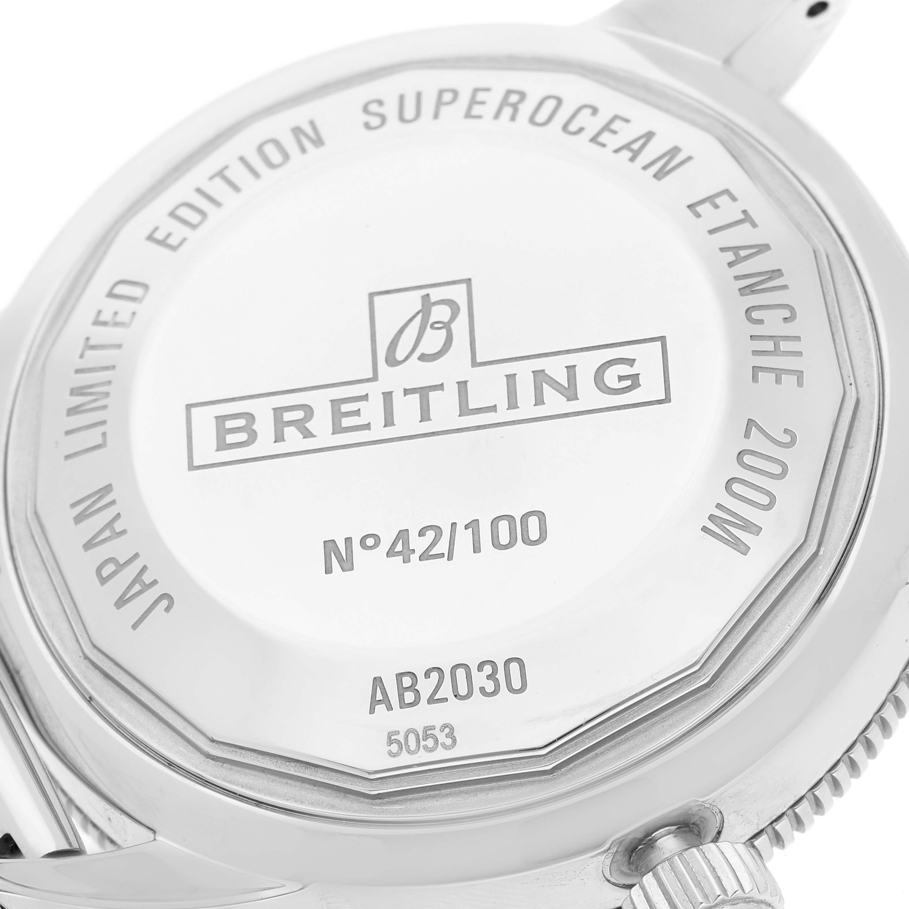 The image shows the back case of a Breitling Superocean AB2030 Men's Stainless Steel Blue Dial AB2030 Men's Stainless Steel Blue Dial watch with model and edition details.