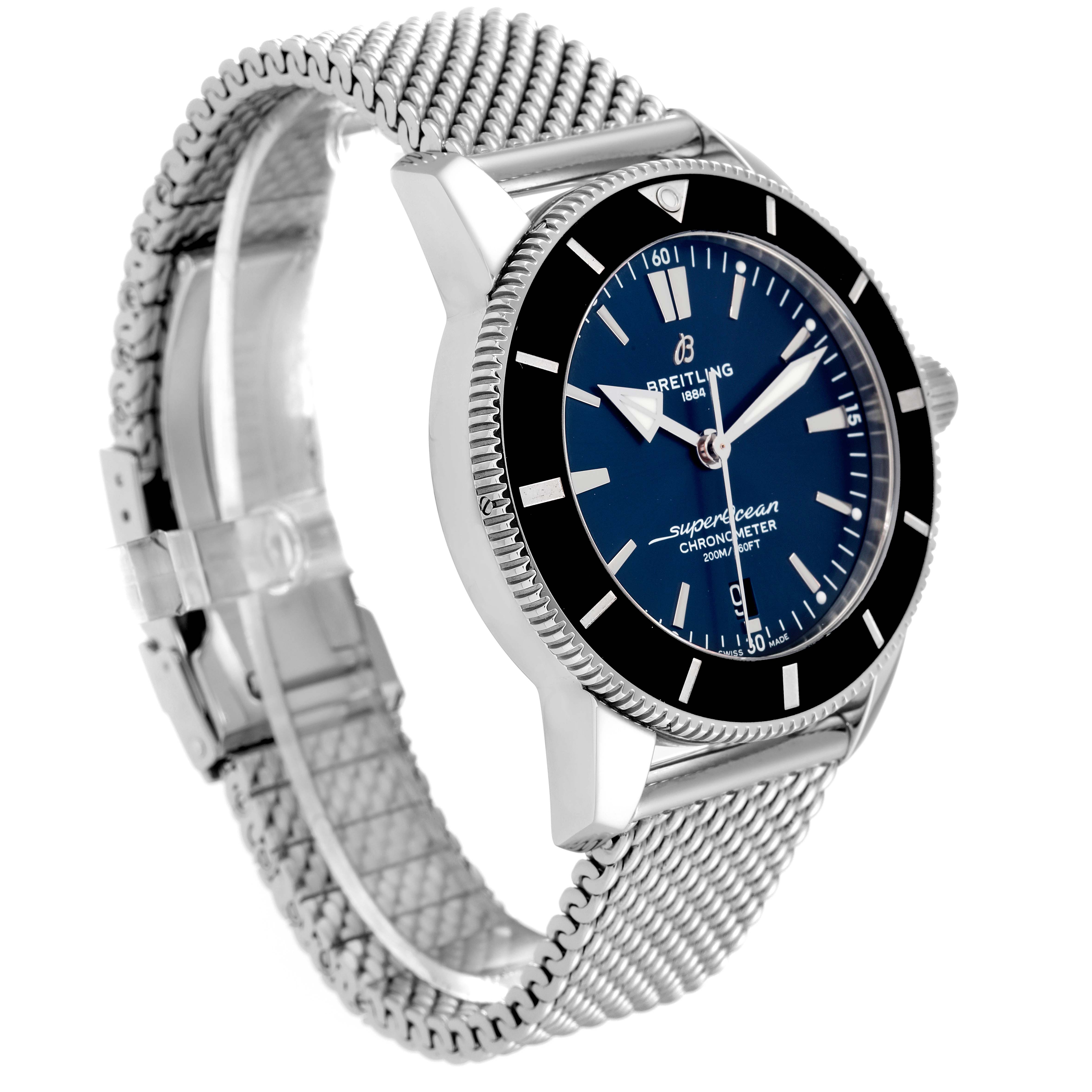 The image shows a Breitling Superocean AB2030 Men's Stainless Steel Blue Dial AB2030 Men's Stainless Steel Blue Dial watch at an angled side view, highlighting the face, bezel, crown, and mesh bracelet.