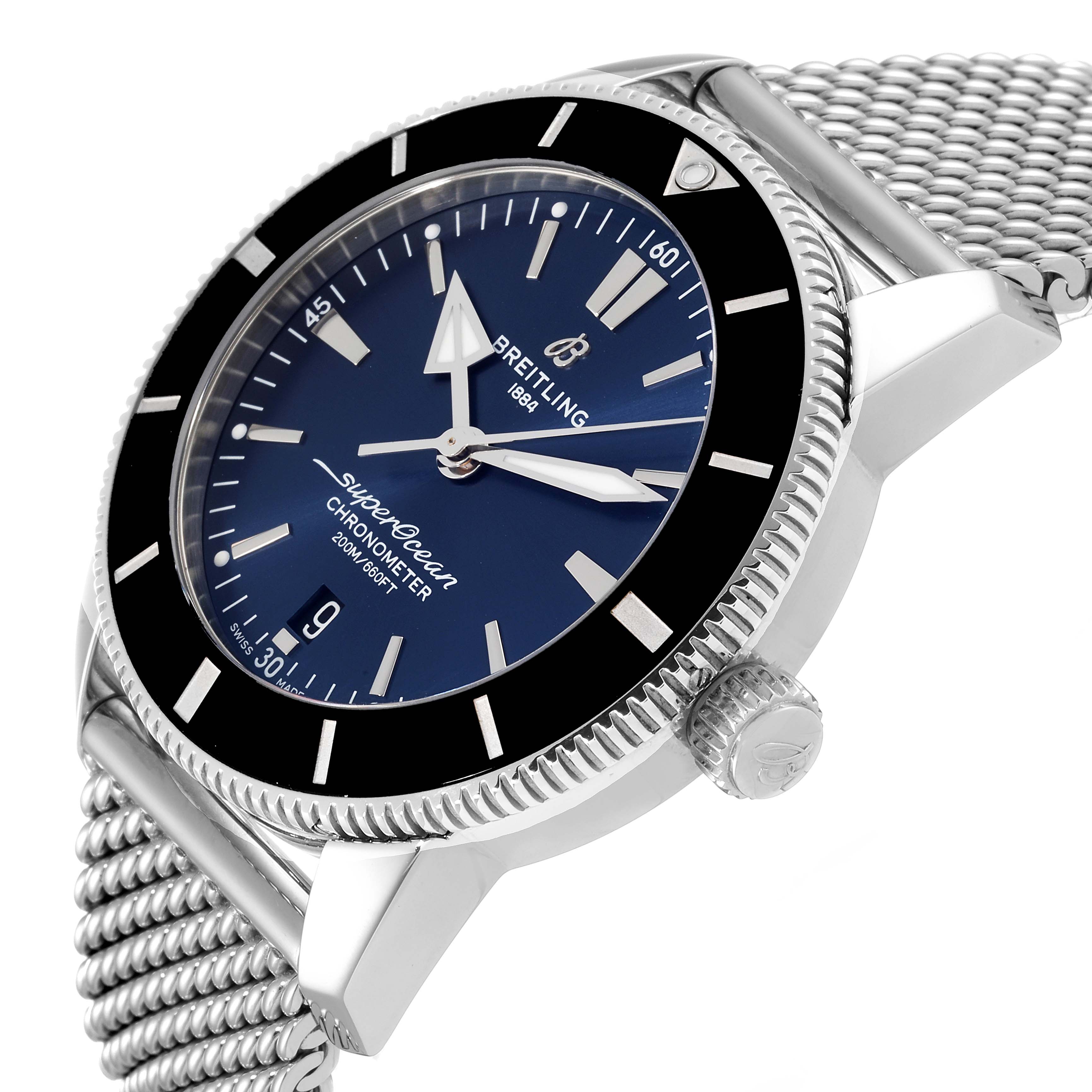 The image shows a Breitling Superocean AB2030 Men's Stainless Steel Blue Dial AB2030 Men's Stainless Steel Blue Dial watch from a slight angle, highlighting its blue dial, bezel, and mesh strap.