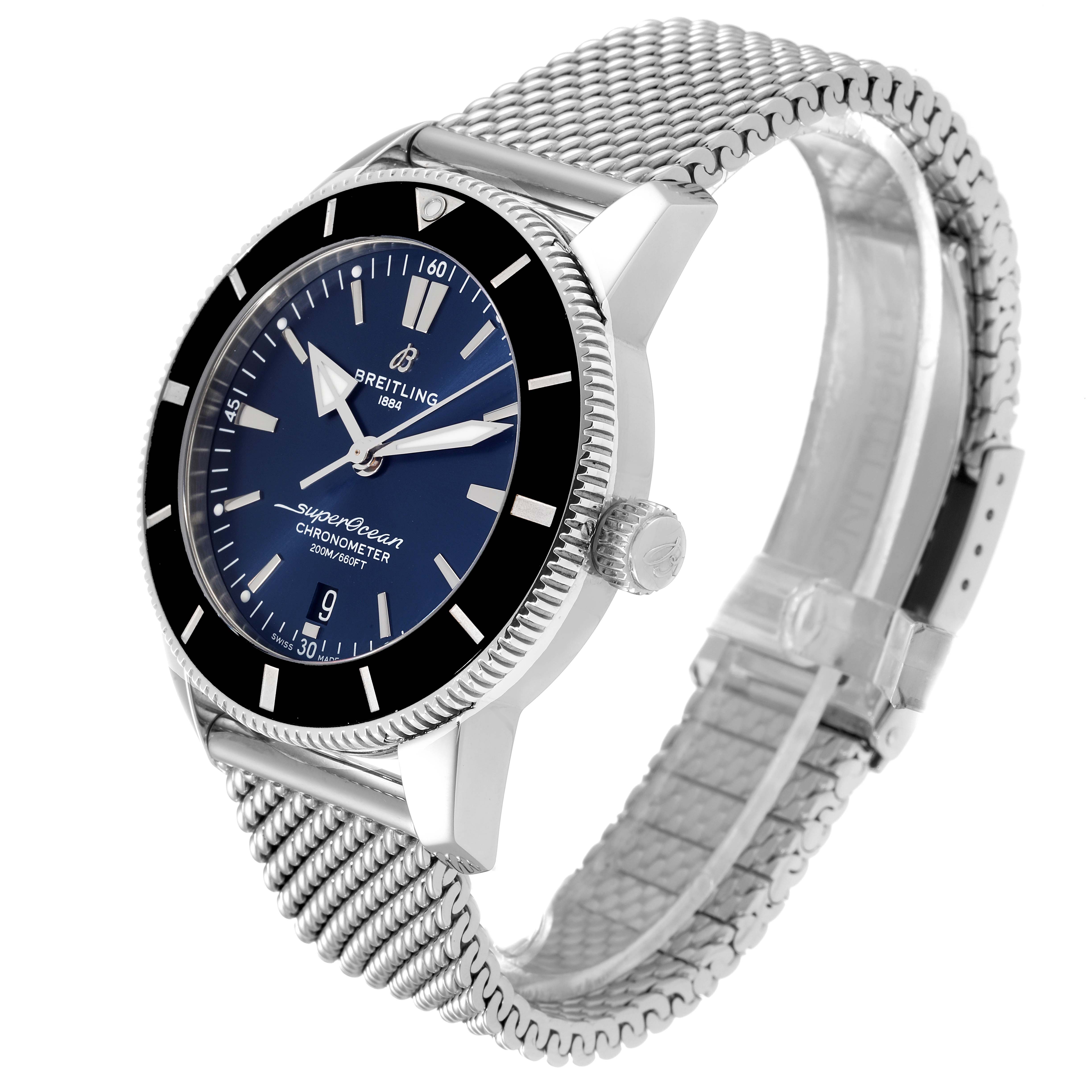 This Breitling Superocean AB2030 Men's Stainless Steel Blue Dial AB2030 Men's Stainless Steel Blue Dial watch is shown at an angle highlighting the face, bezel, crown, and metal mesh strap.