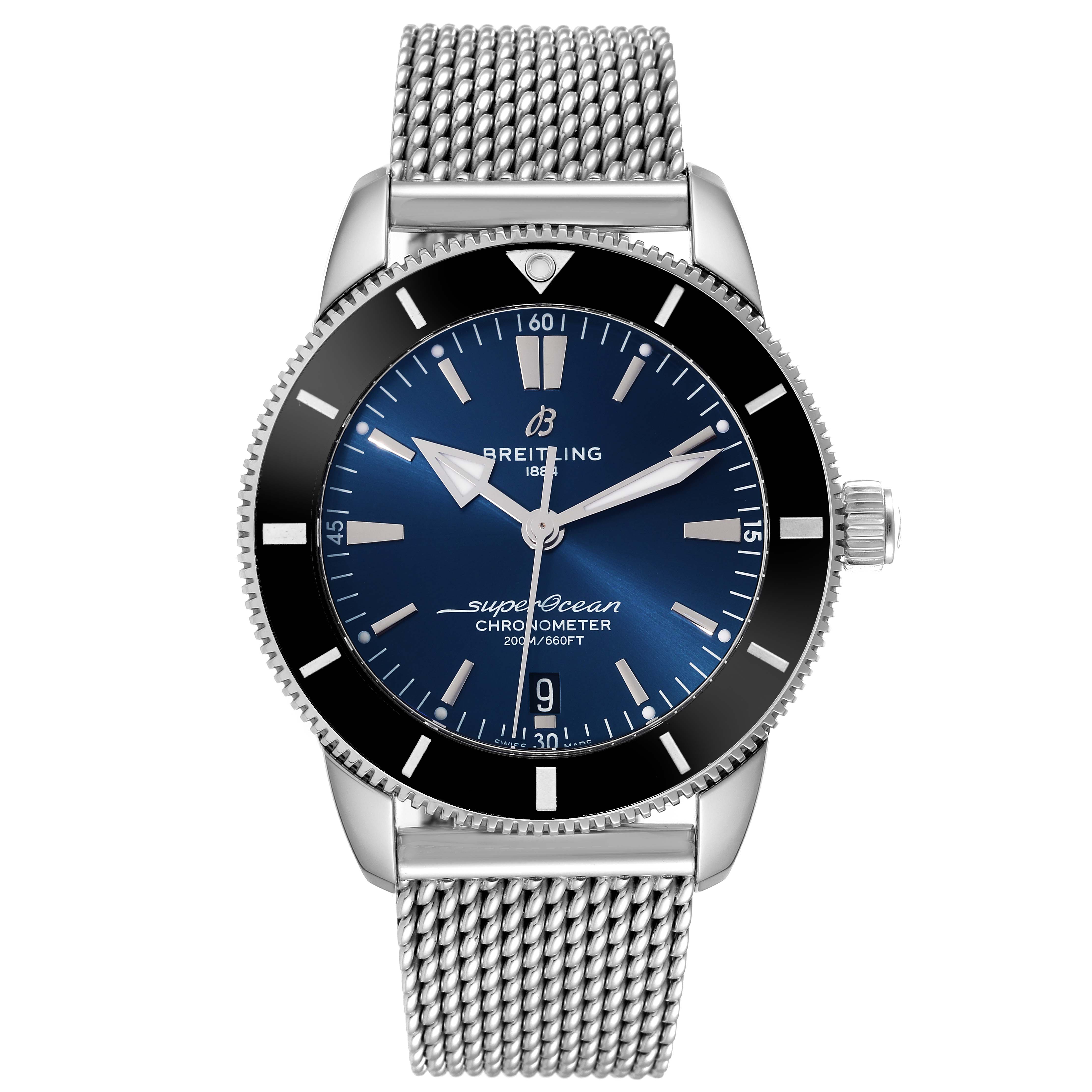 The Breitling Superocean AB2030 Men's Stainless Steel Blue Dial AB2030 Men's Stainless Steel Blue Dial watch is shown from a front view, highlighting the dial, bezel, and mesh bracelet.