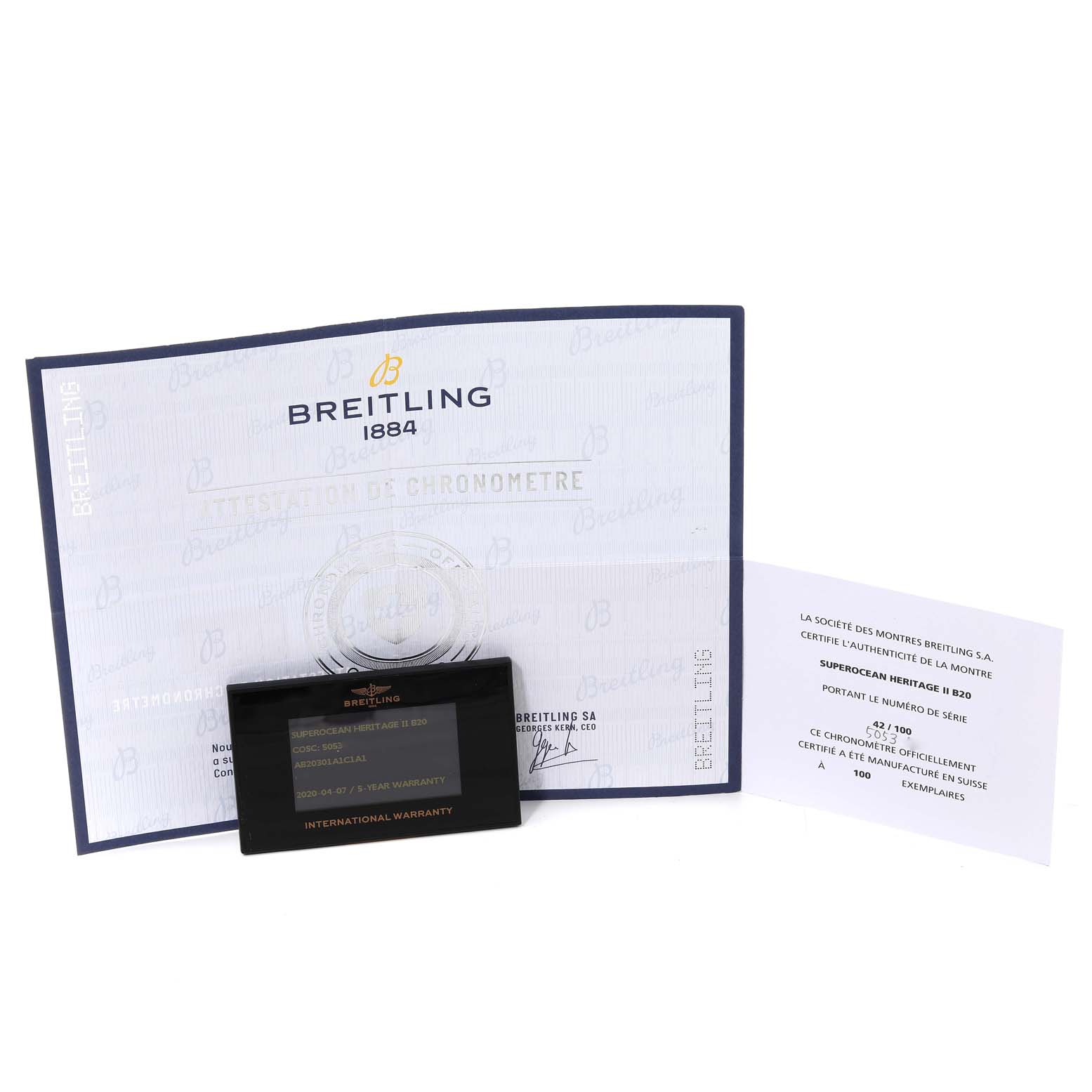 The image shows the warranty card and documentation for a Breitling Superocean AB2030 Men's Stainless Steel Blue Dial AB2030 Men's Stainless Steel Blue Dial watch.