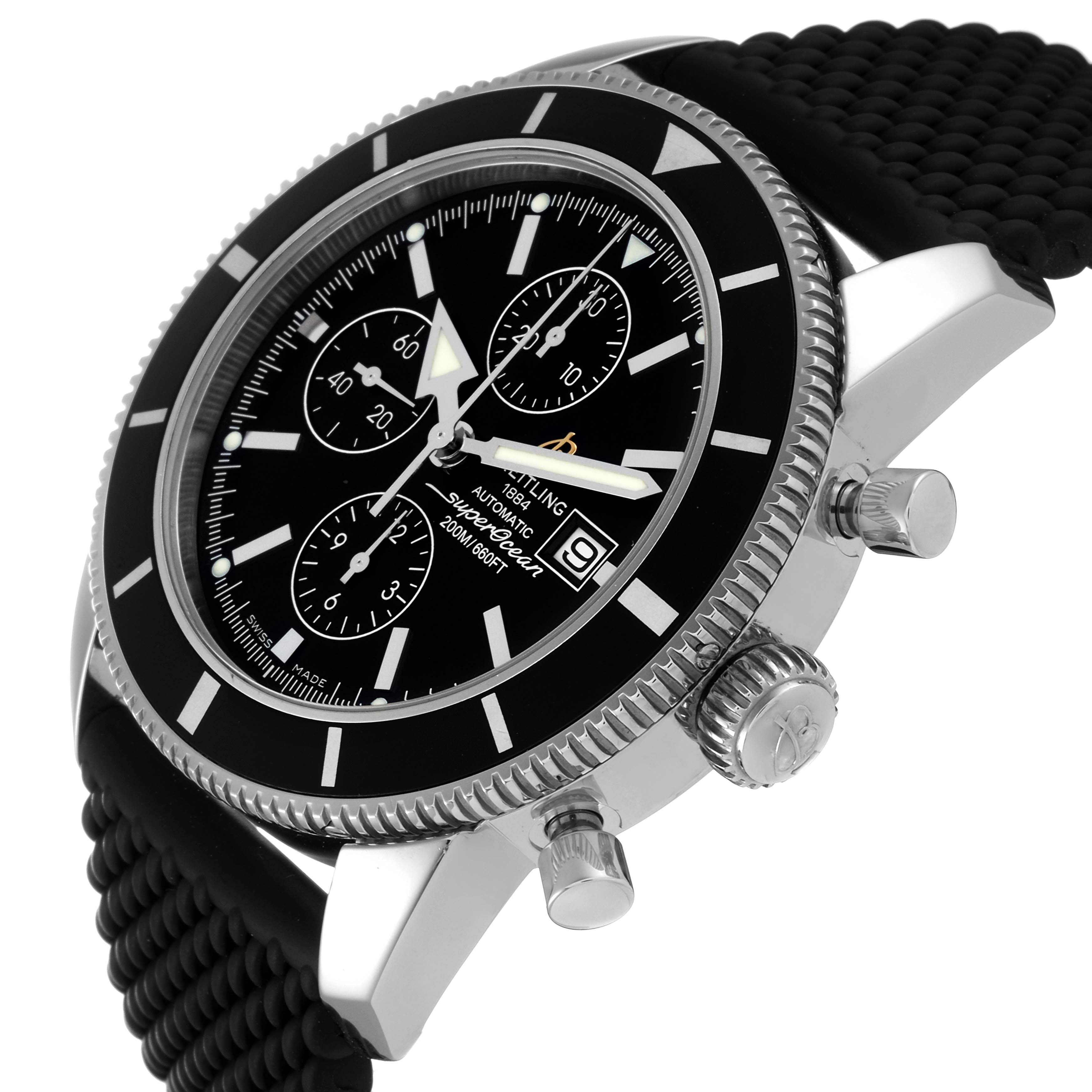 The image shows a side angle of a Breitling Superocean A13320 Men's Stainless Steel Black Dial A13320 Men's Stainless Steel Black Dial watch featuring its dial, bezel, pushers, and crown.