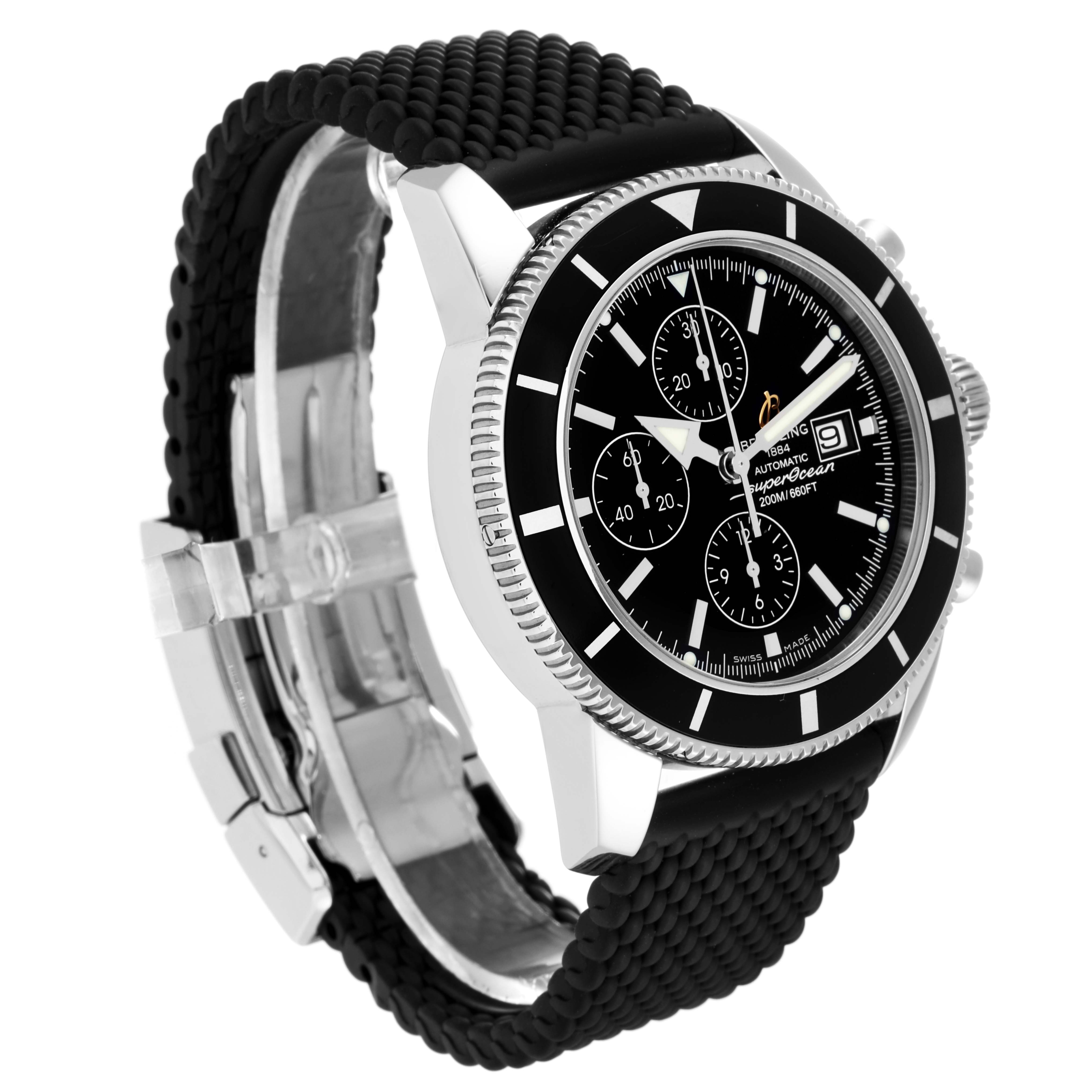 This image shows a side angle of the Breitling Superocean A13320 Men's Stainless Steel Black Dial A13320 Men's Stainless Steel Black Dial watch, highlighting its black dial, bezel, and textured black strap.