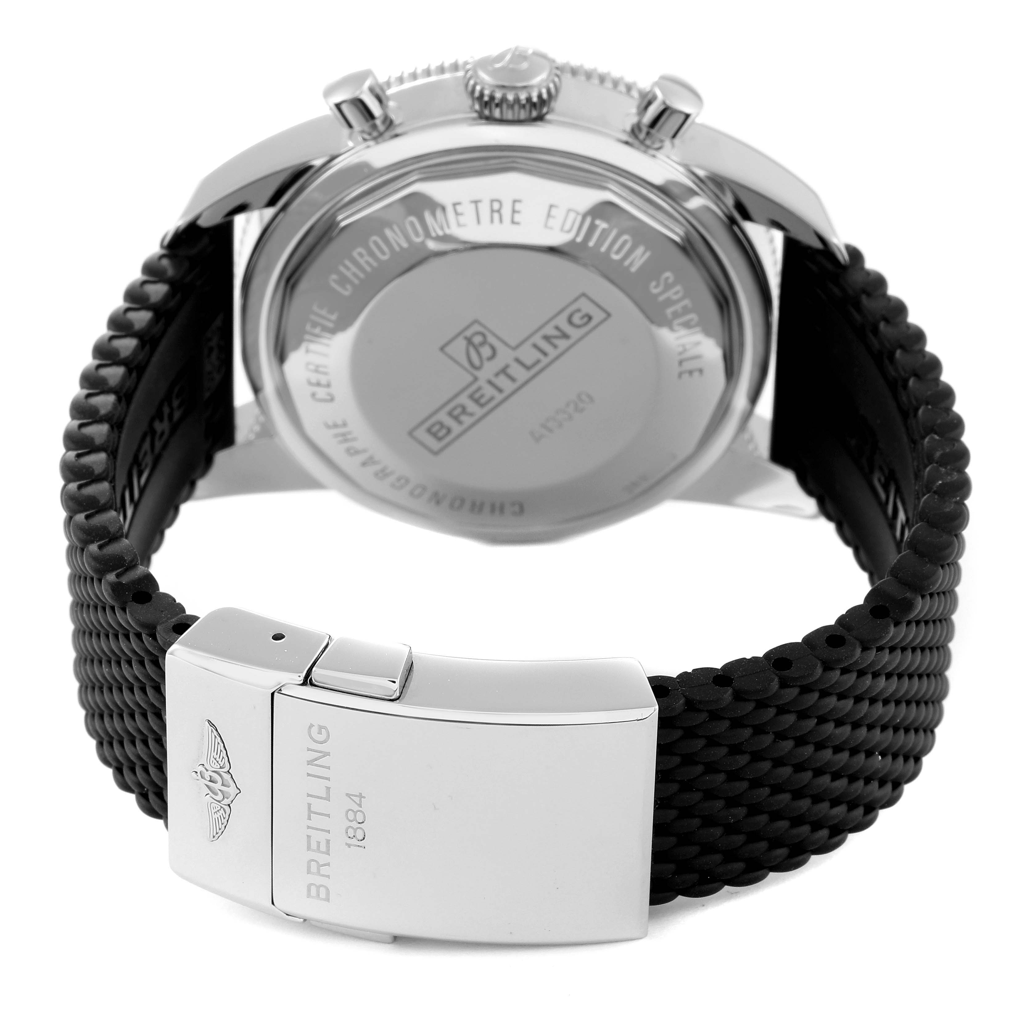 The image shows the back case and clasp of the Breitling Superocean A13320 Men's Stainless Steel Black Dial A13320 Men's Stainless Steel Black Dial watch, including part of its strap and engraved details.