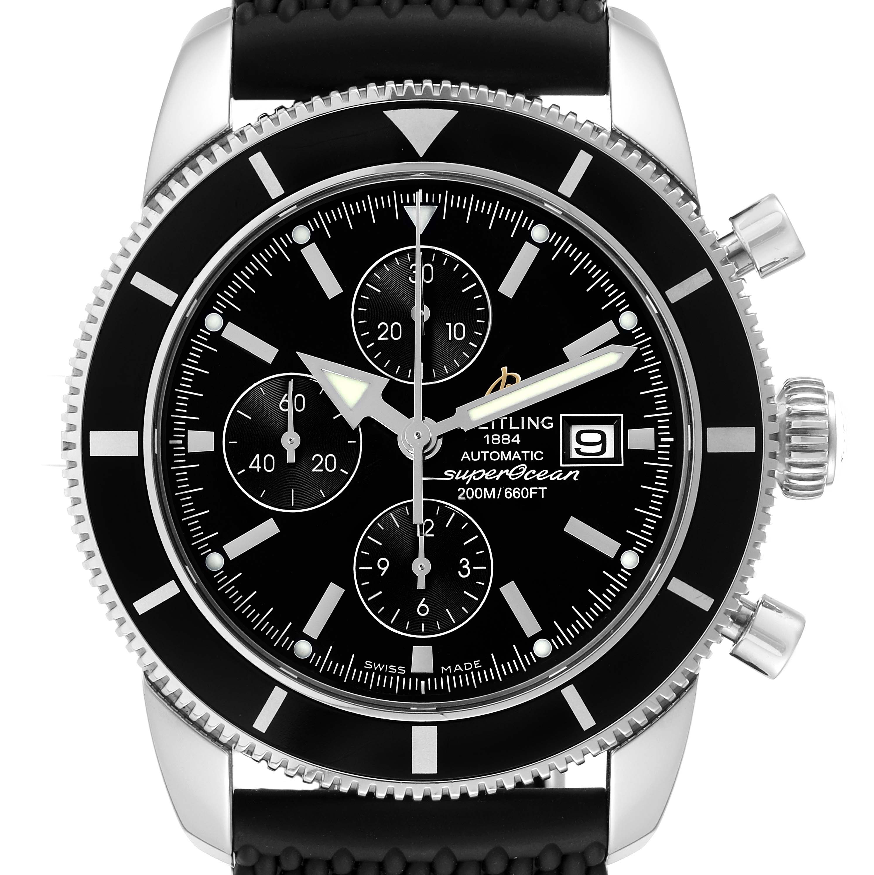 The image shows a front view of the Breitling Superocean A13320 Men's Stainless Steel Black Dial A13320 Men's Stainless Steel Black Dial watch, featuring its dial, bezel, crown, and pushers.