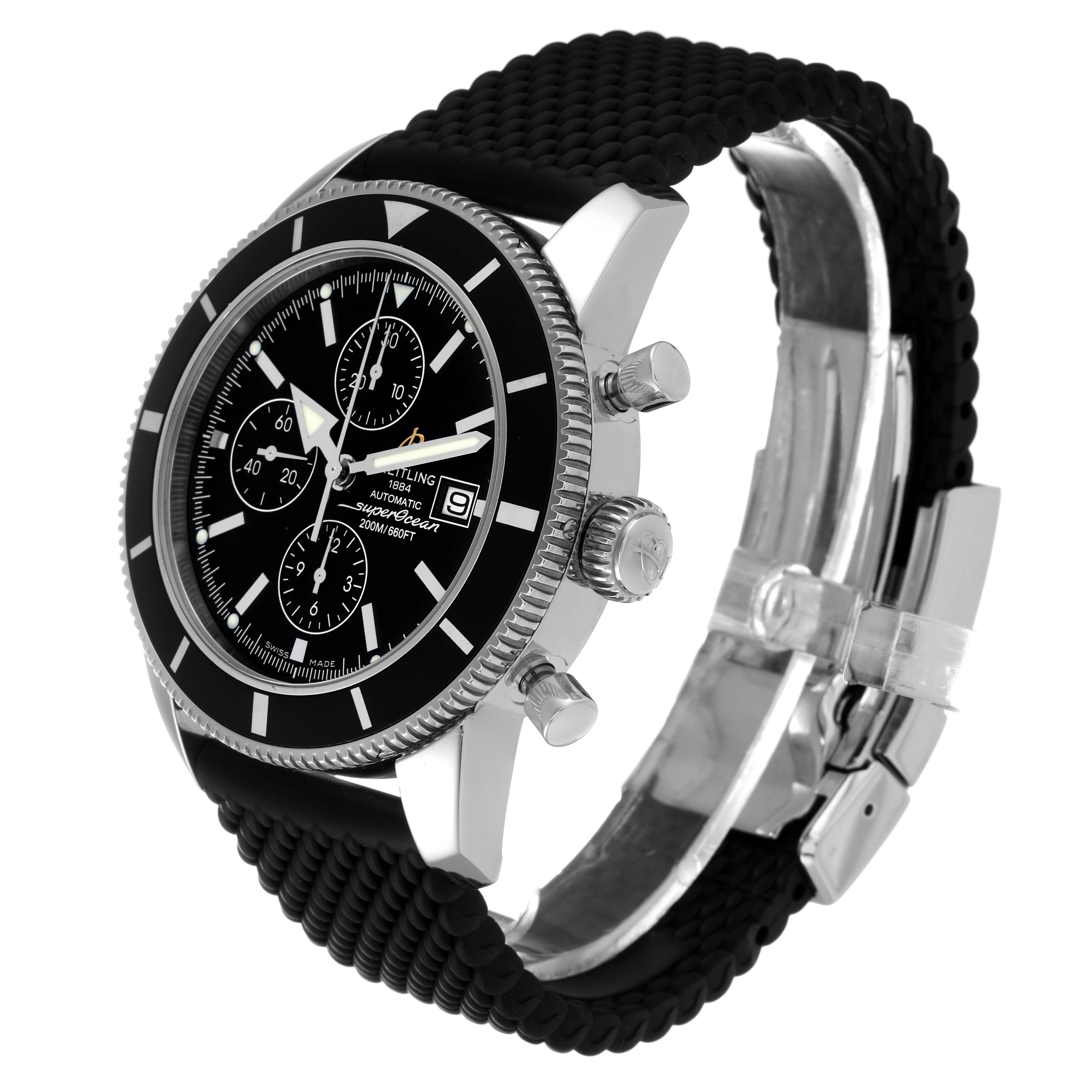 The image shows a Breitling Superocean A13320 Men's Stainless Steel Black Dial A13320 Men's Stainless Steel Black Dial watch from a 3/4 angle, highlighting the black dial, bezel, chronograph pushers, and black strap.