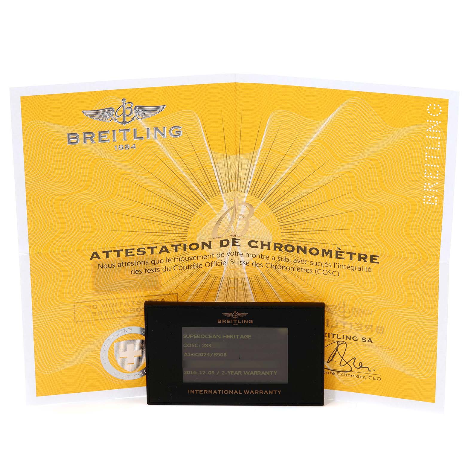 The image shows the warranty card and certificate for a Breitling Superocean A13320 Men's Stainless Steel Black Dial A13320 Men's Stainless Steel Black Dial model, displayed from the front.