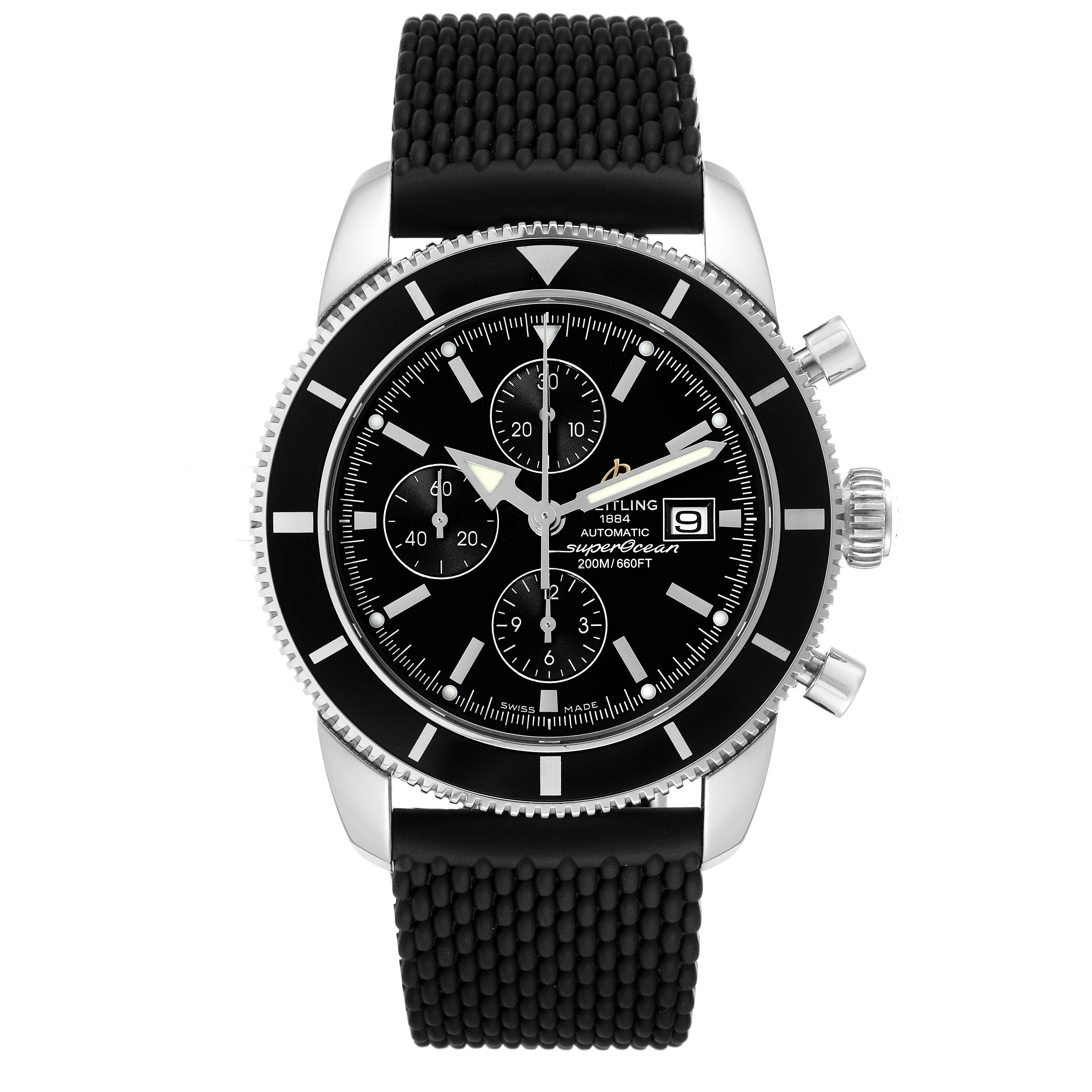 The image shows a frontal view of a Breitling Superocean A13320 Men's Stainless Steel Black Dial A13320 Men's Stainless Steel Black Dial watch, displaying its face, bezel, chronograph dials, date window, and strap.