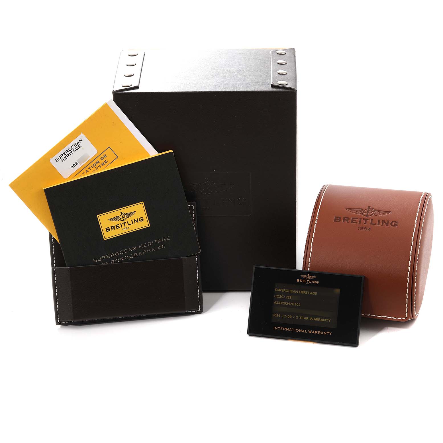 The image shows the packaging, manuals, warranty cards, and a leather travel case for the Breitling Superocean A13320 Men's Stainless Steel Black Dial A13320 Men's Stainless Steel Black Dial model watch.