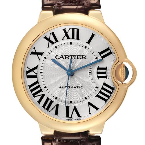 The image shows a frontal view of the Cartier Ballon Bleu watch, highlighting its Roman numerals and signature crown.