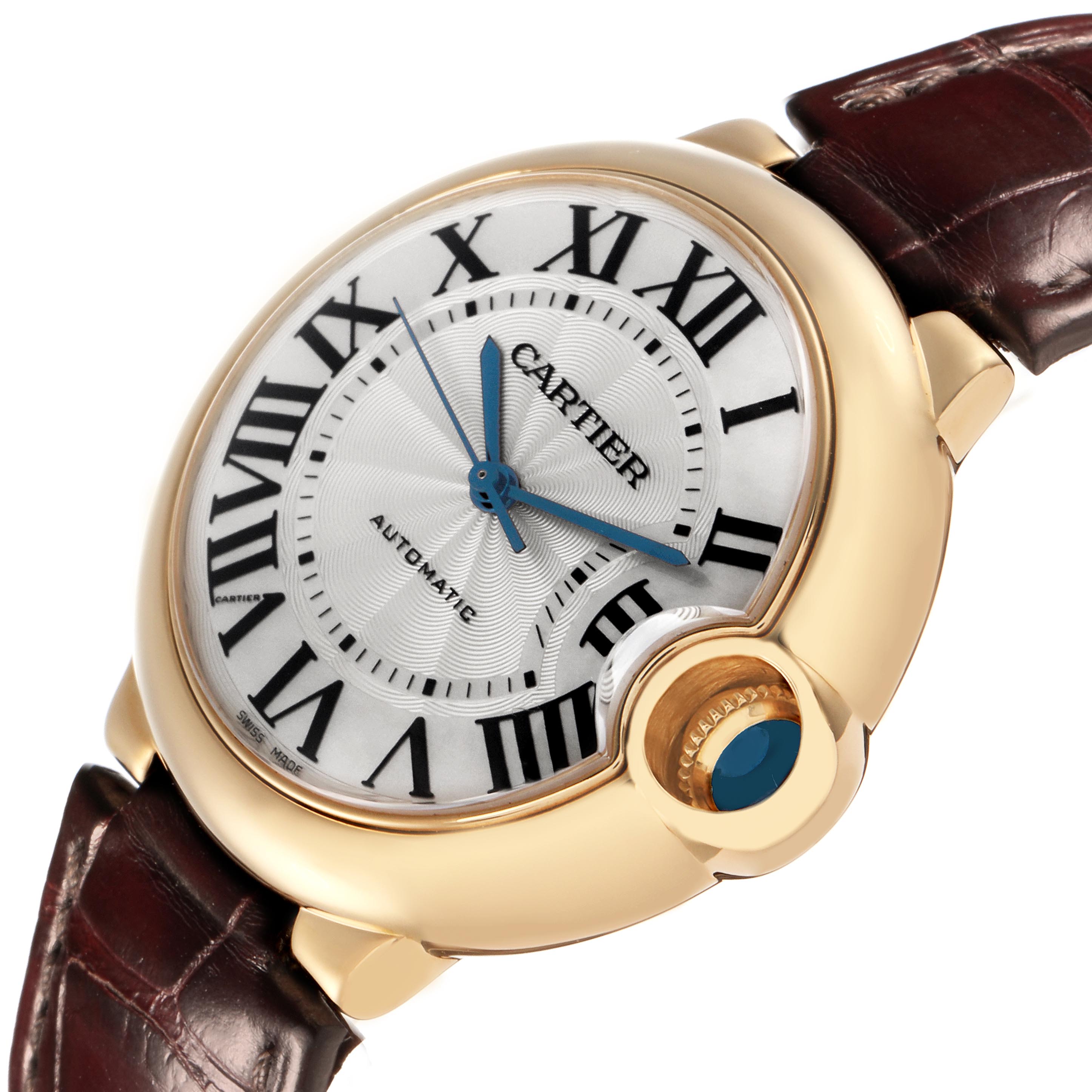 The Cartier Ballon Bleu W6900356 Men
s Yellow Gold Silver Dial W6900356 Men
s Yellow Gold Silver Dial watch is shown at a three-quarter angle, highlighting its face, crown, and leather strap.