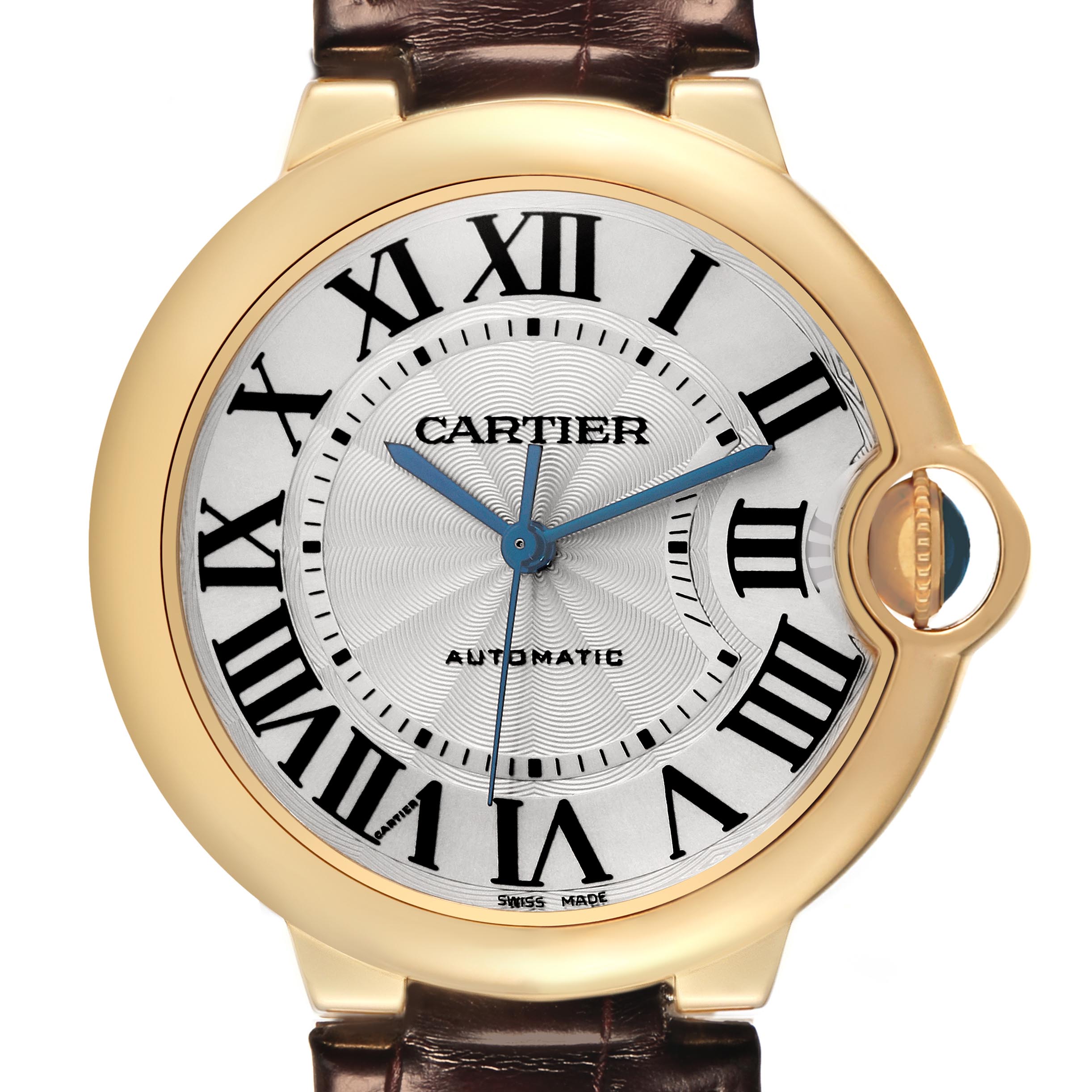 The Cartier Ballon Bleu W6900356 Men
s Yellow Gold Silver Dial W6900356 Men
s Yellow Gold Silver Dial watch is shown from a front angle, highlighting its face, Roman numerals, blue hands, and crown.